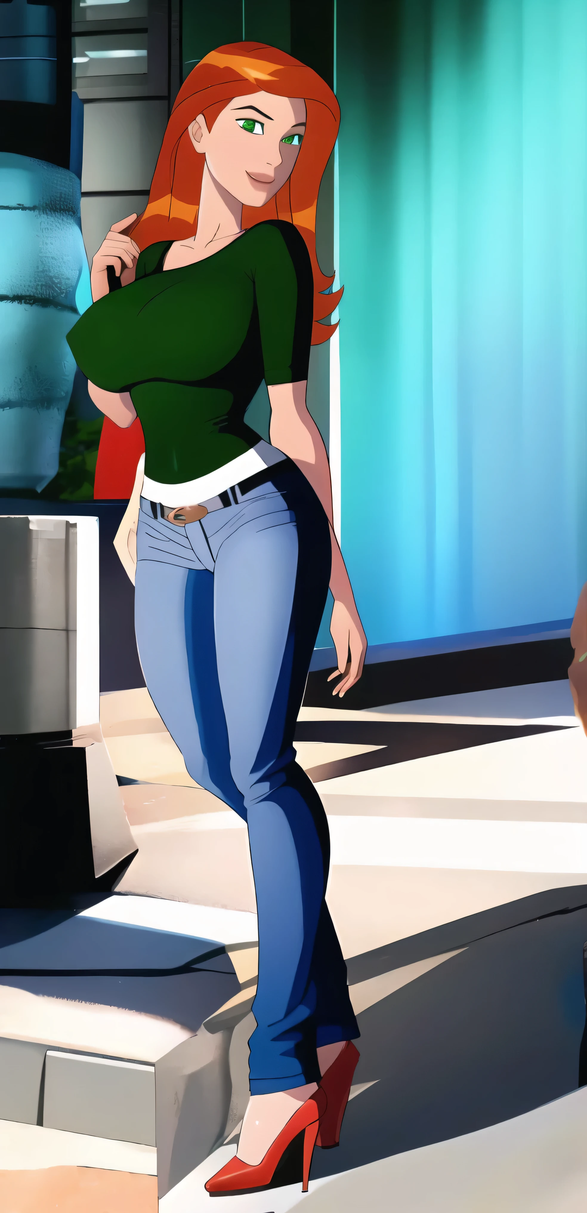 (Best Quality), (Detailed), (highres), adult female, beautiful sexy hips, seductive cute breasts, perfect slim, perfect face, venus body, curvy, large breasts, shy face, happy face, blushing, green eyes, orange hair, solo, longhair,
full body,shiny skin, seductive expression ,(( red top & Blue jeans ))