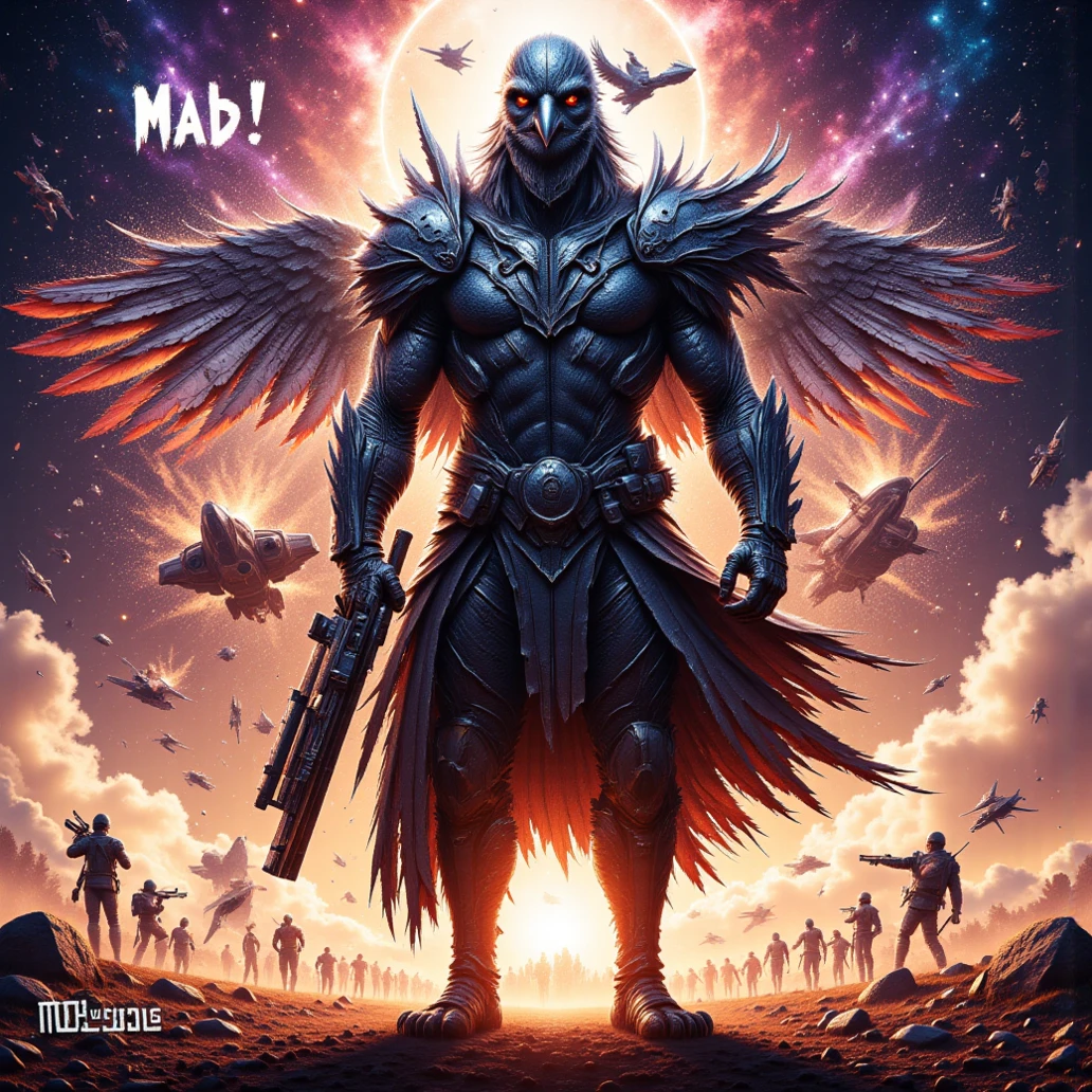 Afro male in rockstar outfit scary mask on with huge wings on stage singing, the word Tj Purple boldly written on the background with musical floor