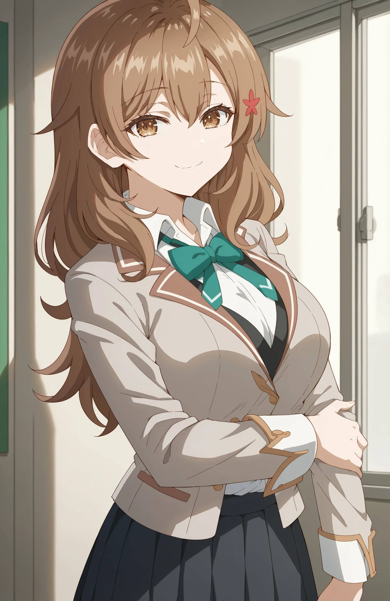 score_9, score_8_up, score_7_up, source_anime, maria mikhailovna kujou, long hair, bangs, brown hair, hair ornament, hair between eyes, brown eyes, ahoge, large breasts,, skirt, shirt, long sleeves, bow, school uniform, jacket, white shirt, pleated skirt, collared shirt, bowtie, black skirt, red bow, red bowtie, blazer, grey blazer, long sleeves,, hospital room, bedside, get well flowers, comforting, quiet, smile, looking at viewer, undefined, solo,, cowboy shot, dutch angle, big boobs, she is grabbing her boobs,