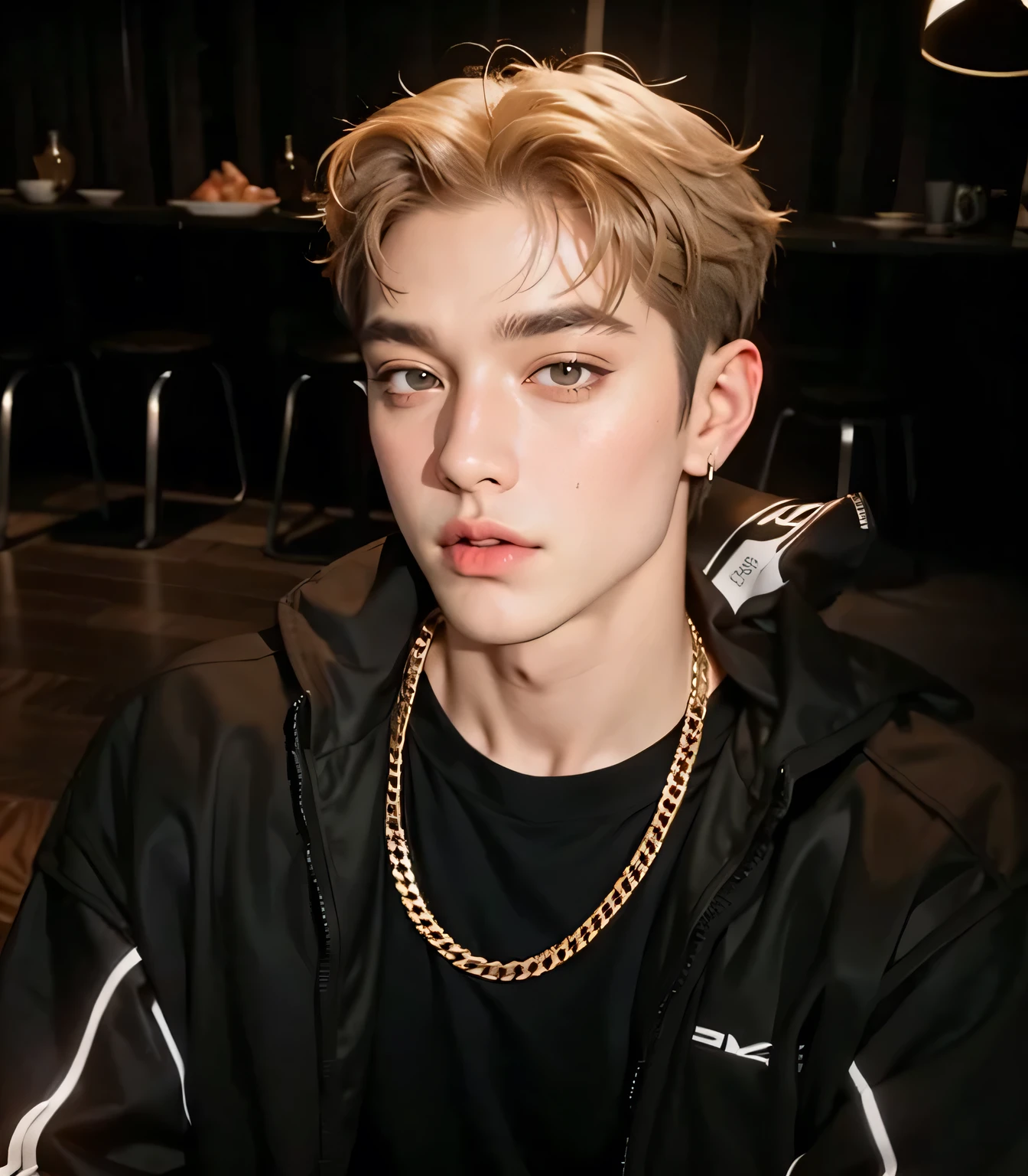 there is a man with blonde hair and a black shirt, stunning face portrait, detailed, high detailed face, hyper realistic, portrait of a handsome man, handsome guy, very handsome, attractive, seductive, muscular,