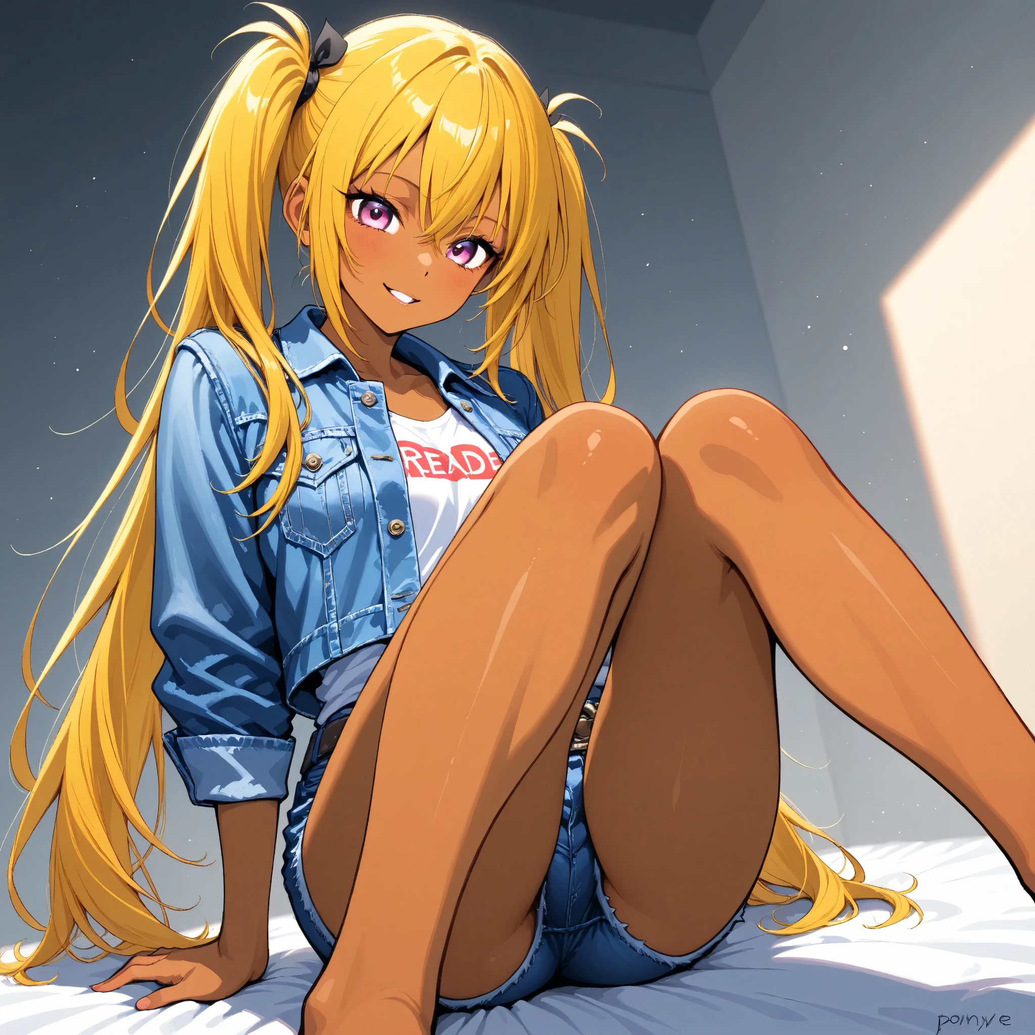 1 bad girl、 ponytails for beautiful people、 yellow hair 、 matte brown skin 、 Read more、denim jacket、 short jeans