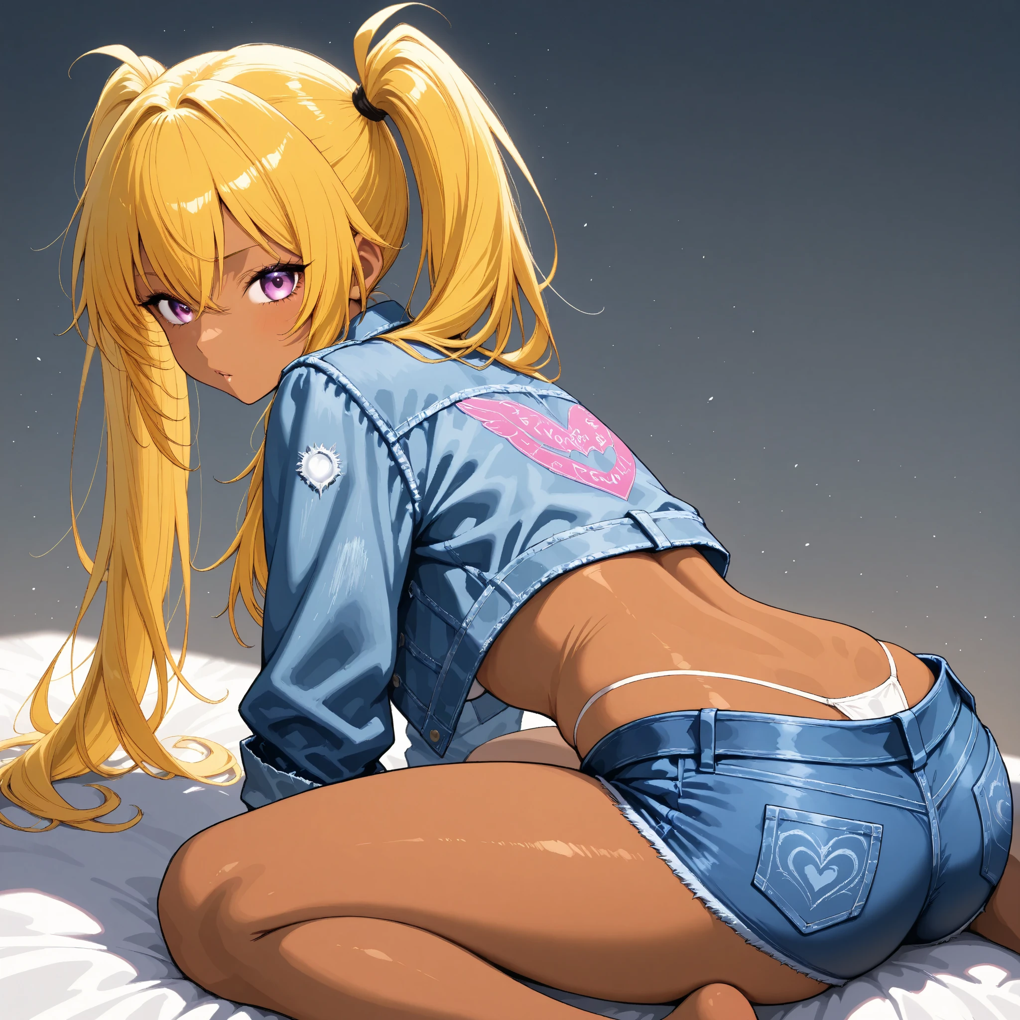 1 bad girl、 ponytails for beautiful people、 yellow hair 、 matte brown skin 、 Read more、denim jacket、 short jeans