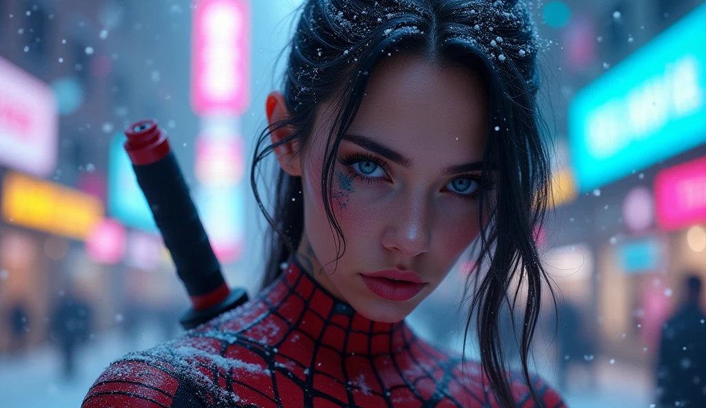 cybernetic woman dressed as spiderman, with twin blades behind his back, magical beauty, neon, face tattoo , cyberpunk 2077, Heterochromia of the eyes, высокое качество, 4K, neonовые частицы, snow