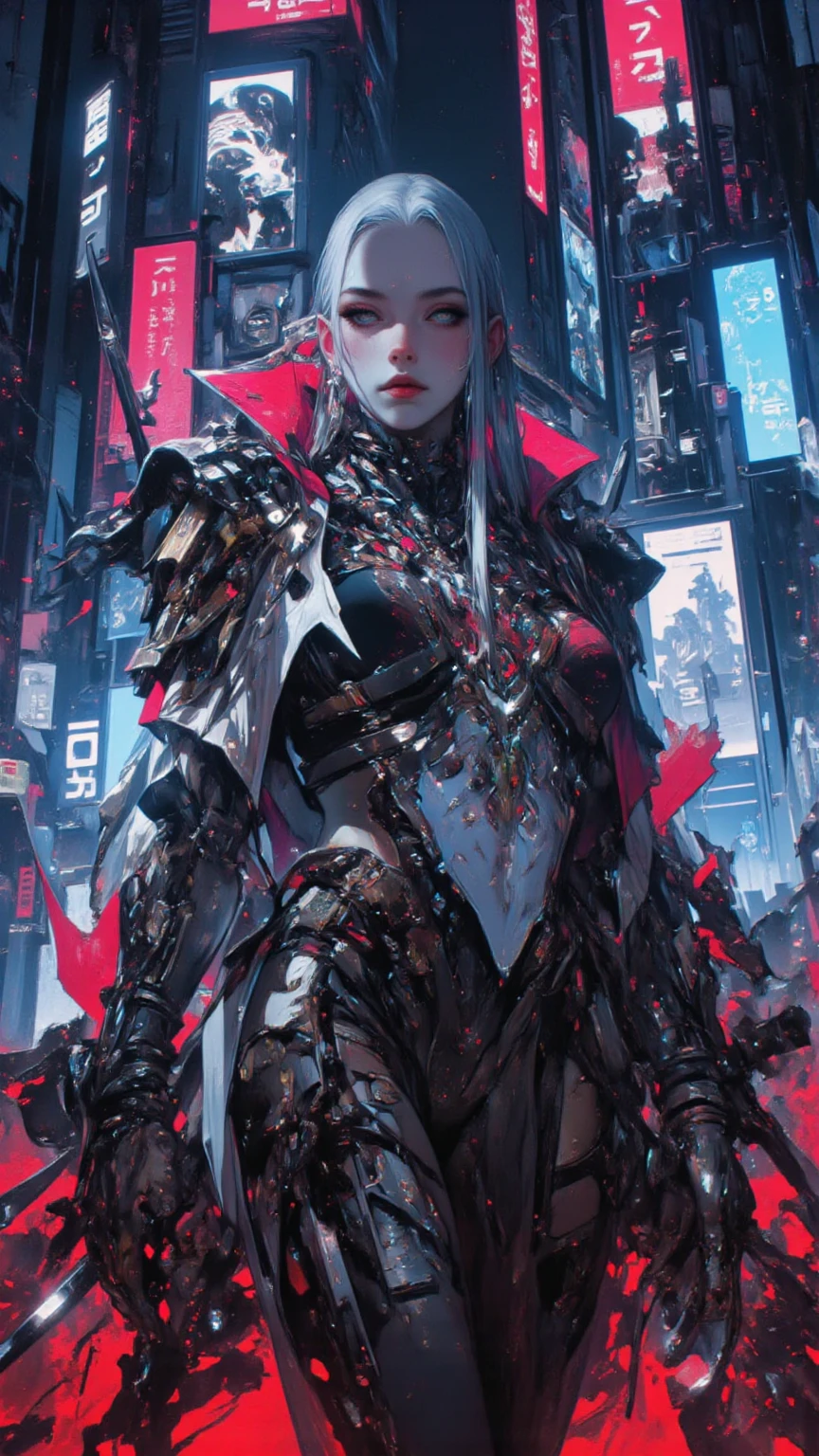 complex 3d render ultra detailed beautiful death angel, biomechanical cyborg, analog 150 mm lens, beautiful natural soft rim light, neon vein, roots, fine foliage lace, colorful details, Boris Bidjan Saberi outfit, pearl earrings, piercing, art nouveau fashion embroidered, intricate details, mesh wire, mandelbrot fractal, facial muscles, cable wires, microchip, badass, hyper realistic, ultra detailed, octane render,  volumetric lighting, 8k post-production, red and white with a bit of black, detailled metalic bones, semi human, iridescent colors, Glenn Brown style, futuristic room, power of the god, high-angle shot, complex body poses