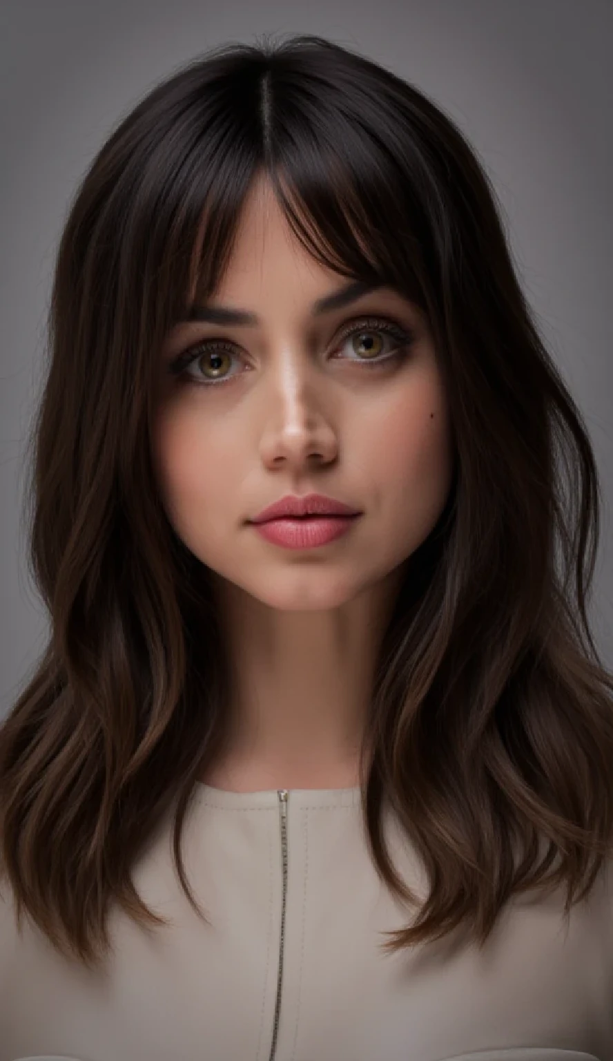 Ana de Armas:
*rostro:*
- Shape: Oval.
- Width : 1,5 times the width.
900 rpm : 1,3 times the height of the nose.
*hair:*
- Color: #2E2F30 (dark, almost black).
- Texture: smooth and silky.
- Width : It reaches the middle of the back or even lower.
- Style: wavy, with soft waves that fall on the shoulders and back.
*eyebrows:*
- Color: #3B3F4E (Dark, matching the color of the hair).
- Shape: Naturally arched.
- Thickness : 2-3 mm.
*eyes:*
- Color: #452B1F (marrón dark, almost blacks).
- Shape: Almond.
- Size: Provided at the width of the face.
- Distance between eyes: 2,5-3 cm.
*Nose:*
- Shape: straight.
- Width : 5-6 cm .
900 rpm : 3-4 cm .
*Jaw and jaw:*
- Shape: Well defined.
- Angle: 90-100 grados.
* ears :*
- Shape: Soft and harmonious.
- Size: Provided at the width of the face.
- Distance between ears: 10-12 cm.
*Lips:*
- Shape: Thin and well-defined.
- Color: #FFC5C5 (soft pink tone).
- Thickness : 1-2 mm.
*fur:*
- Mourning Tone : #F5DEB3 (light brown, with a soft tan).
- Texture: soft and radiant.