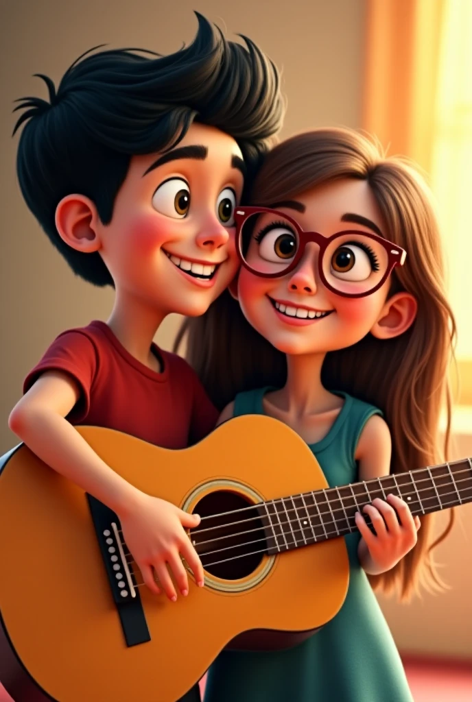 Tall curly haired boy playing guitar and a girl with glasses and long straight hair watching him play 