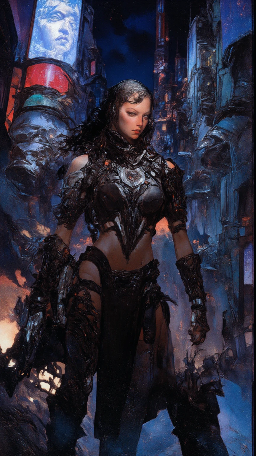Generate hyper realistic image of a fierce warrior, most beautiful, elegant, a fair-skinned female with long, flowing black hair cascading down her armored shoulders. Adorned with intricate jewelry, she wears silver and formidable armor that accentuates her powerful presence. An armlet graces her muscular arm, and a menacing skull emblem adorns her attire, symbolizing the warrior's strength and determination in a solo quest. She is holding this magic sword has a blade of gleaming steel, inscribed with arcane runes that glow with a faint blue light. The hilt is wrapped with black leather and adorned with a silver pommel, perfect hand, perfect fingers, looking at viewer, facing viewer,