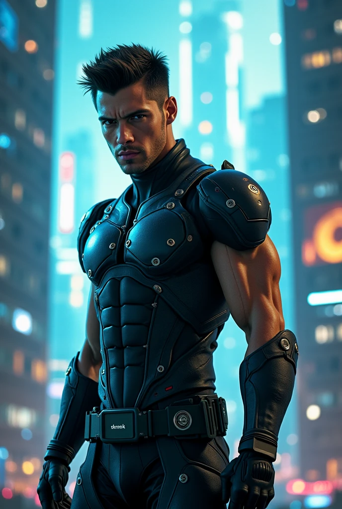masterpiece, best quality, high resolution, closeup portrait, male focus, solo focus, muscular, burly, hairy, male, (no shirt: 1.2), A handsome man, with robot body parts, in a cyberpunk city, neon lights, blurred background, scruffy face, arrogant smirk, amazing composition, front view, HDR, volumetric lighting, ultra quality, elegant, highly detailed