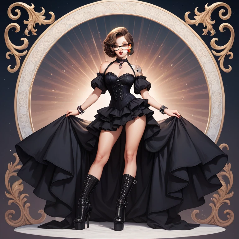 Portrait of a 60-year-old woman with short brown hair, a captivating gaze, Brown eyes, Wrinkles on her face, She wears a very sexy black evening dress that reveals big flabby breasts, Light makeup and red lips. 32K