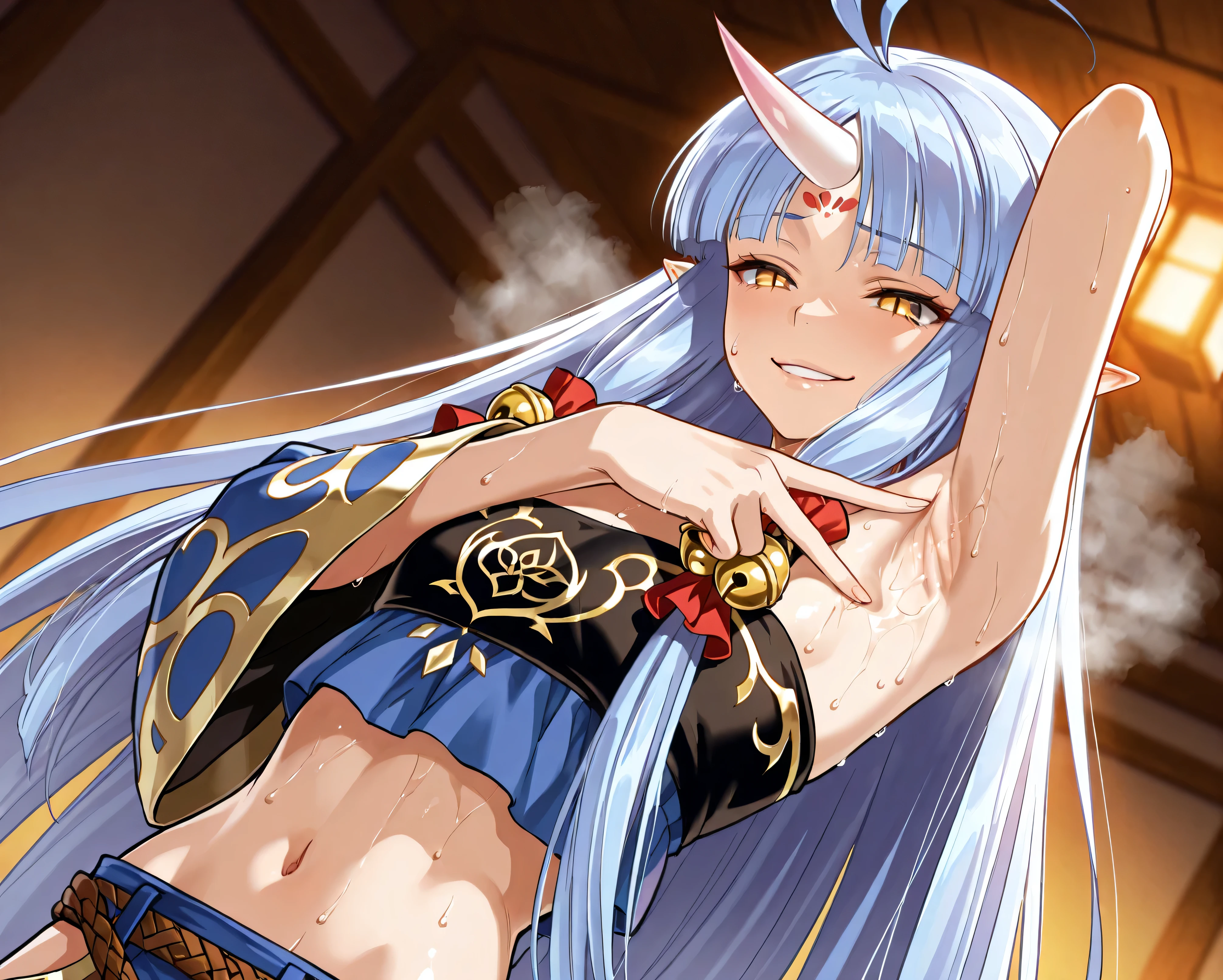 masterpiece, best quality, official art, detailed, 4K, 8K, realistic, game cg, ultra-detailed, beautiful detailed eyes, very aesthetic, nsfw, (solo), suzukabase, forehead horn, yellow eyes, blue hair, slit pupils, hair bell, very long hair, hime cut, sidelocks, pointy ears, midriff, forehead mark, strapless, long sleeves, hip vent, ahoge, blue dress, flat chest, evil smile, BREAK, v, spread armpit, presenting five fingers, armpit, arm up, armpit, lay hand on own armpit, close-up, (armpit fetish:1.2), (dirty armpit:1.2), BREAK, (sweat all over my body:1.3), (armpit brown steam:1.3), armpit smell, (Sticky sweat), (dutch angle), (blurry background), dynamic lighting, rim lighting,