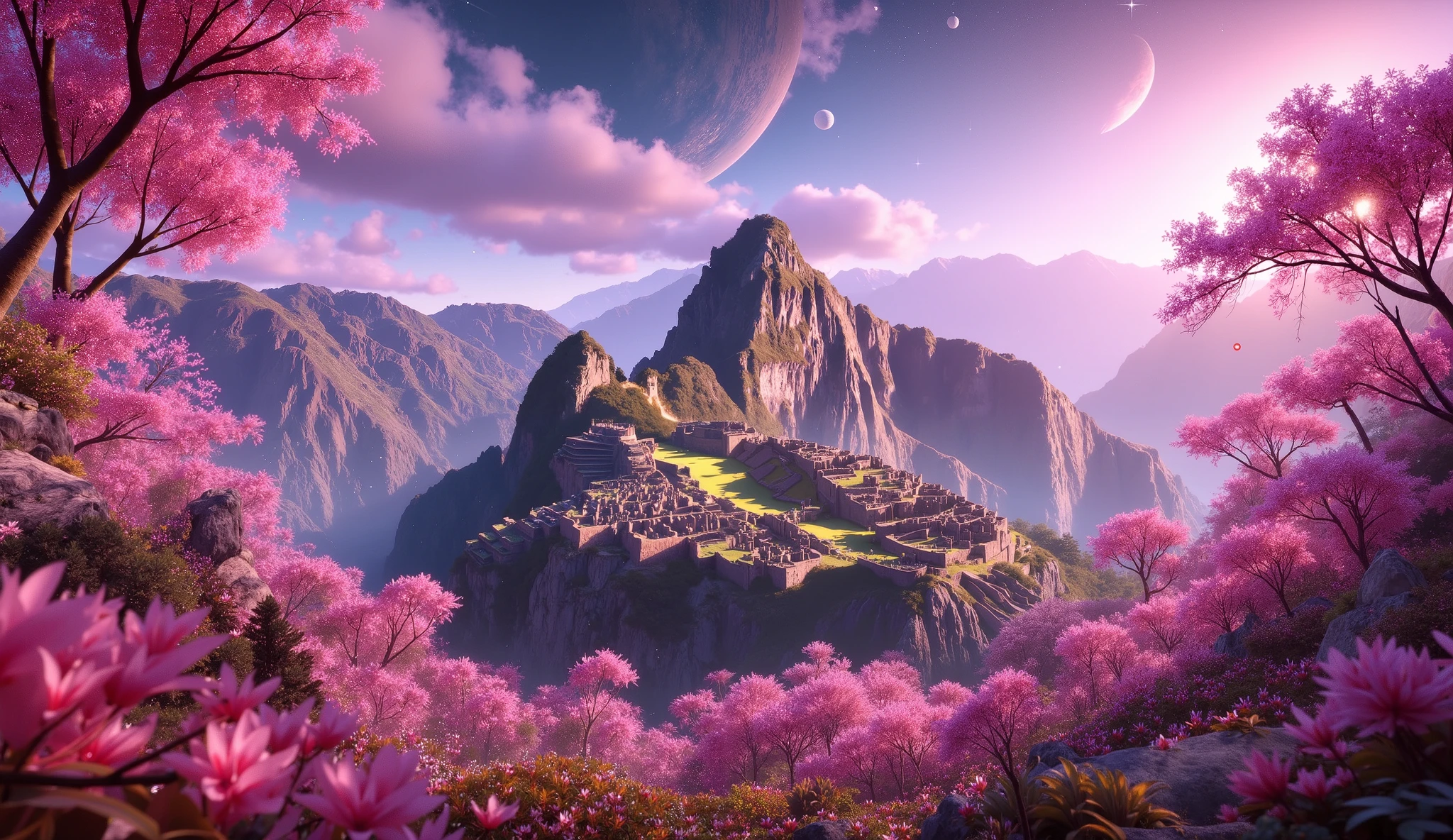 masterpiece, The ruins of Machu Picchu (cuzco) beautiful, a large cherry blossom forest, a lot of clouds everywhere, a planet in the sky and stars, The ruins of Machu Picchu muy Detailed, beautiful bosque de flor de cerezos de color impresionante, clouds all over the landscape, un planeta beautiful, wallpaper, 4k, HD, Detailed, 8K, Background