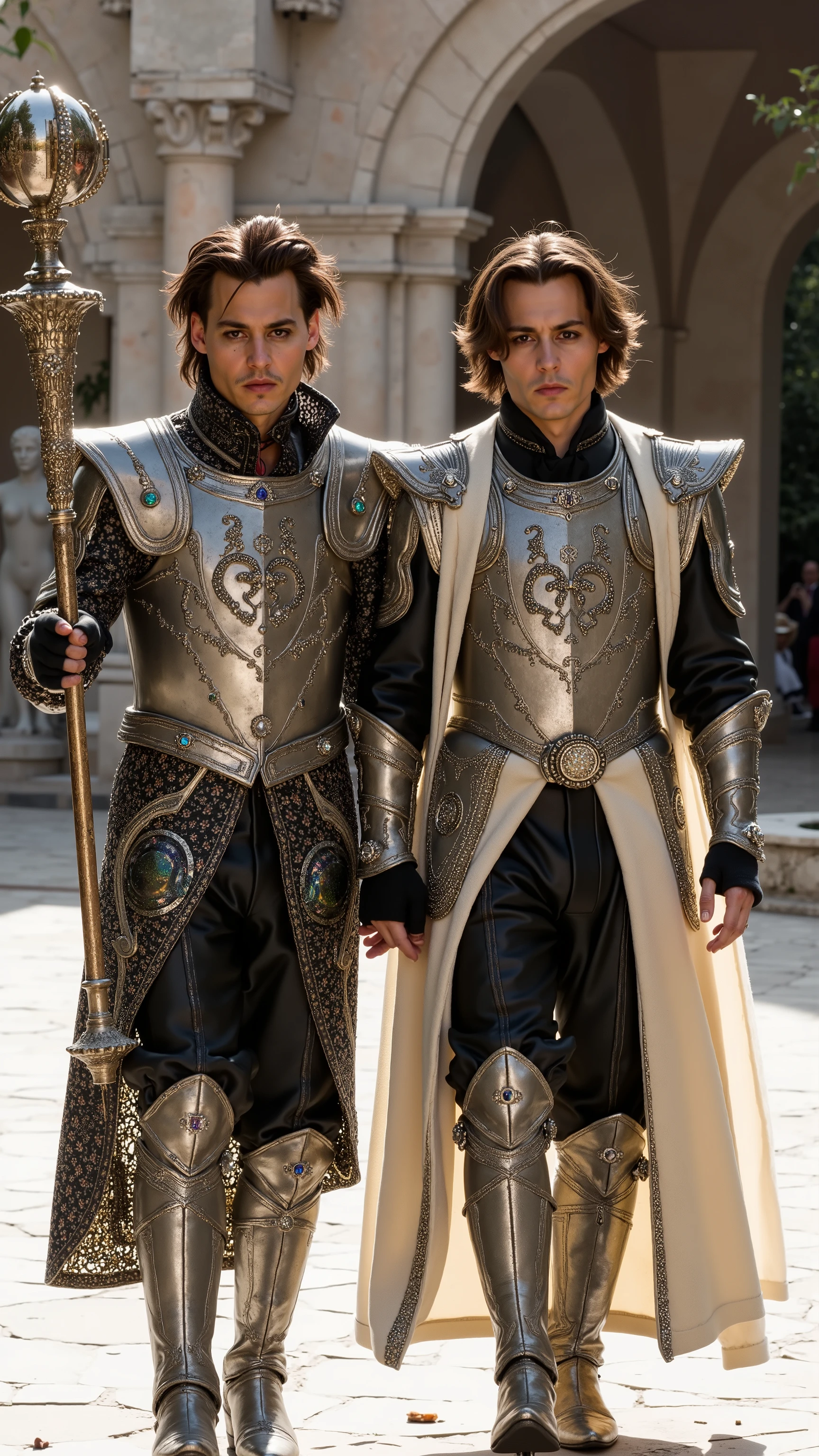 Two absolutely the same Johnny Depps reimagined as a human-Gemini hybrid walking and holding silver staffs、dramatic atmosphere, 1 male、
medium-length, tousled dark hair, expressive dark eyes, and sharp facial features.
They wear ultra-luxurious armor crafted from polished silver and light platinum metal, adorned with intricate engravings. Their breastplate features a central motif of two intertwined figures, inlaid with diamonds, opals, and aquamarines. The pauldrons edged with platinum and decorated with sapphire, topaz, and crystal gemstones. A two-toned velvet cloak, one side silver and the other pale white, is embroidered with silver and crystal twin symbols and zodiac designs. The cloak is fastened by a brooch shaped like the Gemini symbol, surrounded by mirrored platinum rings encrusted with diamonds and clear quartz. His gauntlets and boots are adorned with mirrored designs, combining silver metalwork with clear crystal inlays, featuring delicate gemstone accents on every edge and seam.
In their hands, they hold magnificent silver staffs, their shafts wrapped in dual patterns of flowing lines and sharp angles. The staff is crowned with a crystal orb encased in twin metal rings, each decorated with mirrored designs and small sapphire stones.
Shows his male character's full figure, athletic body, perfect face, full body, extremely beautiful, male shape, and perfect anatomy.The background features a bright, open medieval courtyard with tall, white stone arches and broad. Marble statues of twin figures flank a grand stone fountain with crystal-clear water. The ground is paved with light stone tiles, and delicate vines climb the surrounding walls, photorealistic, masterpiece, realistic, high contrast, 8k, HD, high definition detailed, detailed, hyper detailed, realistic skin texture, best quality, ultra high resolution, hyper realistic, no text, very detailed eyes, dramatic lighting