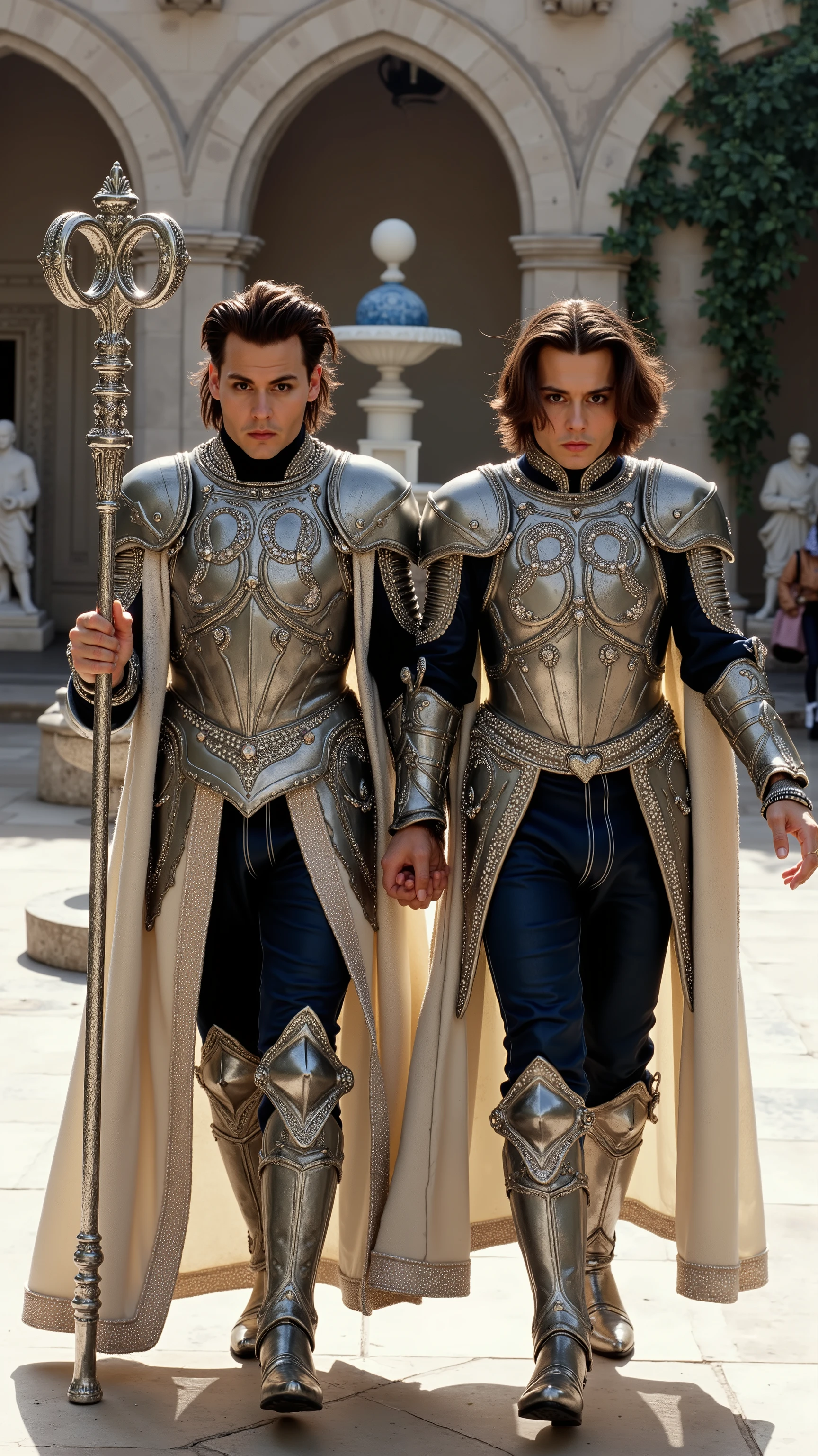 Two absolutely the same Johnny Depps reimagined as a human-Gemini hybrid walking and holding silver staffs、dramatic atmosphere, 1 male、
medium-length, tousled dark hair, expressive dark eyes, and sharp facial features.
They wear ultra-luxurious armor crafted from polished silver and light platinum metal, adorned with intricate engravings. Their breastplate features a central motif of two intertwined figures, inlaid with diamonds, opals, and aquamarines. The pauldrons edged with platinum and decorated with sapphire, topaz, and crystal gemstones. A two-toned velvet cloak, one side silver and the other pale white, is embroidered with silver and crystal twin symbols and zodiac designs. The cloak is fastened by a brooch shaped like the Gemini symbol, surrounded by mirrored platinum rings encrusted with diamonds and clear quartz. His gauntlets and boots are adorned with mirrored designs, combining silver metalwork with clear crystal inlays, featuring delicate gemstone accents on every edge and seam.
In their hands, they hold magnificent silver staffs, their shafts wrapped in dual patterns of flowing lines and sharp angles. The staff is crowned with a crystal orb encased in twin metal rings, each decorated with mirrored designs and small sapphire stones.
Shows his male character's full figure, athletic body, perfect face, full body, extremely beautiful, male shape, and perfect anatomy.The background features a bright, open medieval courtyard with tall, white stone arches and broad. Marble statues of twin figures flank a grand stone fountain with crystal-clear water. The ground is paved with light stone tiles, and delicate vines climb the surrounding walls, photorealistic, masterpiece, realistic, high contrast, 8k, HD, high definition detailed, detailed, hyper detailed, realistic skin texture, best quality, ultra high resolution, hyper realistic, no text, very detailed eyes, dramatic lighting