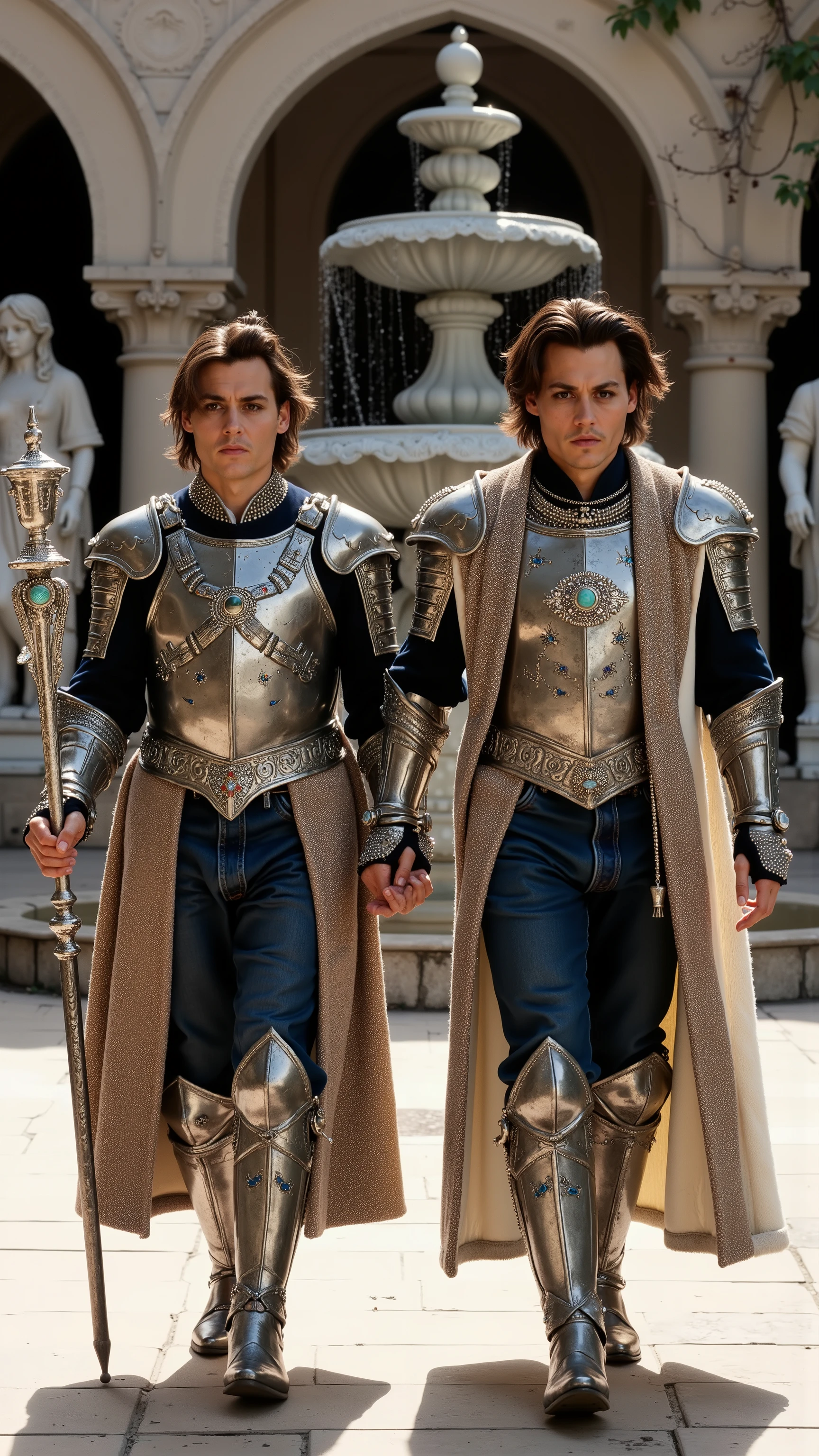 Two absolutely the same Johnny Depps reimagined as a human-Gemini hybrid walking and holding silver staffs、dramatic atmosphere, 1 male、
medium-length, tousled dark hair, expressive dark eyes, and sharp facial features.
They wear ultra-luxurious armor crafted from polished silver and light platinum metal, adorned with intricate engravings. Their breastplate features a central motif of two intertwined figures, inlaid with diamonds, opals, and aquamarines. The pauldrons edged with platinum and decorated with sapphire, topaz, and crystal gemstones. A two-toned velvet cloak, one side silver and the other pale white, is embroidered with silver and crystal twin symbols and zodiac designs. The cloak is fastened by a brooch shaped like the Gemini symbol, surrounded by mirrored platinum rings encrusted with diamonds and clear quartz. His gauntlets and boots are adorned with mirrored designs, combining silver metalwork with clear crystal inlays, featuring delicate gemstone accents on every edge and seam.
In their hands, they hold magnificent silver staffs, their shafts wrapped in dual patterns of flowing lines and sharp angles. The staff is crowned with a crystal orb encased in twin metal rings, each decorated with mirrored designs and small sapphire stones.
Shows his male character's full figure, athletic body, perfect face, full body, extremely beautiful, male shape, and perfect anatomy.The background features a bright, open medieval courtyard with tall, white stone arches and broad. Marble statues of twin figures flank a grand stone fountain with crystal-clear water. The ground is paved with light stone tiles, and delicate vines climb the surrounding walls, photorealistic, masterpiece, realistic, high contrast, 8k, HD, high definition detailed, detailed, hyper detailed, realistic skin texture, best quality, ultra high resolution, hyper realistic, no text, very detailed eyes, dramatic lighting