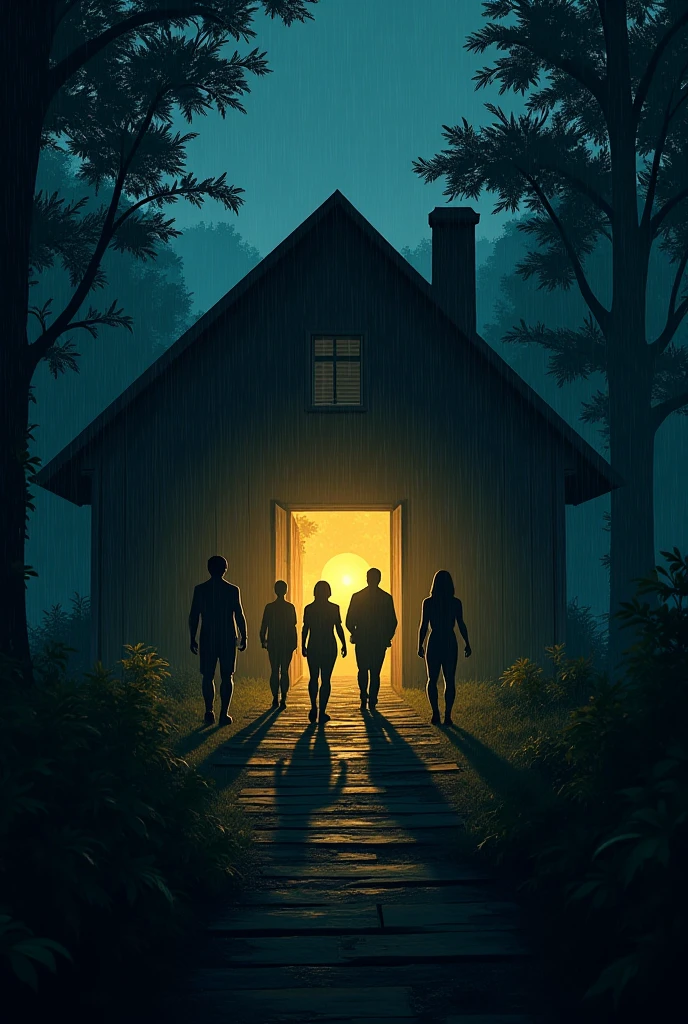 Friends entering haunted hut