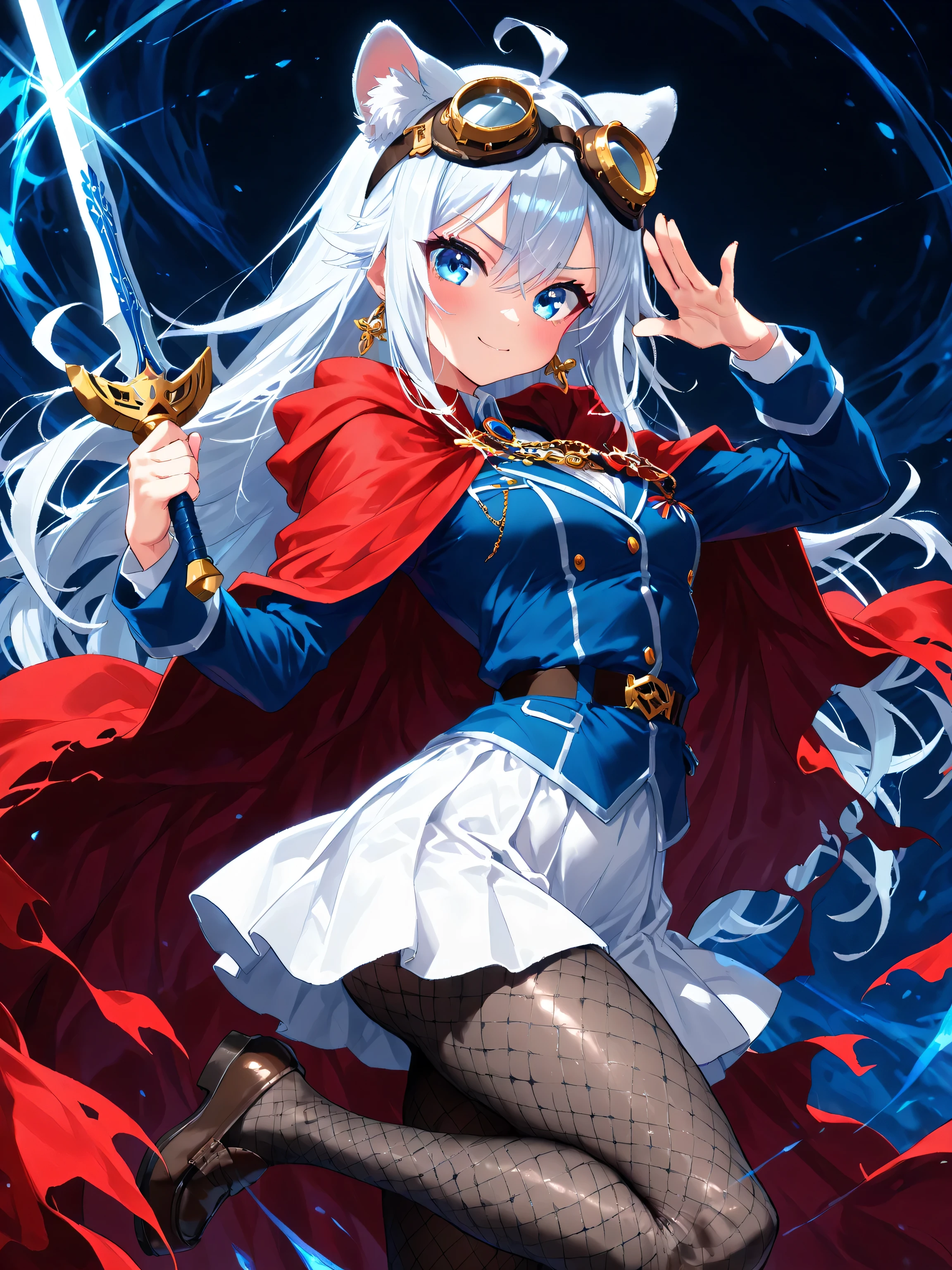 Anime illustration, casual yet stylish pose, intricate line work and cross-hatching details, hand-drawn aesthetic, Is the girl with long, beautiful, white silver hair [Cat ears on head 、(main character、There are gold goggles above their heads:1) 、goggles、 blue eyes, blue military uniform and red cloak、white skirt and fishnet tights, loafers, gal motif slim gold necklace, earrings, leopard]、all cat eared women put gold goggles on their heads、all women wear goggles on their heads. (A beautiful decoration that expresses a three-dimensional effect and luster with light effects)、(Top Quality,4K,8k,High Resolution, masterpiece),超High Resolution, is particular about the details without hiding the body , Hold the Sword of the Brave、They are fighting by brandishing a sword、Defeating Monsters on the Prairie