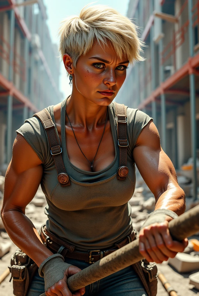 Masterpeice, An androgynous female survivor in the wasteland. Apocalyptic setting. Very short hair. Short manly haircut. Gold blonde hair with an undercut, very pale skin with freckles, Round soft face. Round soft chin. Round soft cheeks. Curved lips. Long wide nose. blue-grey eyes. Upturned eyes. Very thin, barely visible eyebrows. Slim, Long athletic legs. Friendly. Kind. Androgynous. Tomboyish. Wearing the used clothes of a wastelander, Background: An apocalyptic wasteland. Dusty and depressing, (nsfw:1.2)