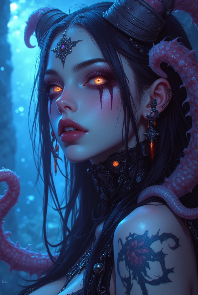 Portrait, (beautiful female alien:1.2), (she has red eyes with no pupils:1.8), (Translucent skin:1.7), (There is a female genital-like organ in the middle of the forehead.:1.9), (The most beautiful face in the history of the universe:1.2),an evil gaze that seduces, (large mouth:1.1), (sharp teeth like a vampire:1.2), Full body like, (bio luminescent:1.5), (Smile wickedly:1.3), (sexypose:1.5), alien, No humans, cells are fused, (Lots of translucent tentacles:1.3) extraterrestrial, cell, bio image, Best Quality, 8K,4K_quality, High Definition, Dramatic Lighting, masutepiece:1.5,cinematic quality, detail up, (Intricate details:1.2), High resolution, High Definition, drawing faithfully, (Thick eyebrows:1.2), Beautiful eyes with fine symmetry,(Highly detailed face and eyes:1.2), Intimate face, (Super detailed skin quality feeling:1.4), Perfect Anatomy, (Beautiful toned body:1.5), (Moist skin:1.2), No makeup, (dark circles:1.1), long canines, cinematic drawing of characters, ultra high quality model, cinematic quality, detail up, (Intricate details:1.2), High resolution, High Definition, drawing faithfully, Official art, Unity 8K wall , 8K Portrait, Best Quality, Very High resolution, ultra detailed artistic photography, midnight aura, unreal enginee 5, Ultra Sharp Focus, art by alberto seveso, ArtGerm, Roisch, intricate artwork, best quality, masutepiece, ultra High resolution, (photos realistic:1.4), Ultra-realistic realism, dream-like, nautilus, Creation of fantasy, Snail, Dream Snail, biopunk nautilus, Thrilling color schemes, Ultra-realistic realism, seductively smiling, Blue tentacles,