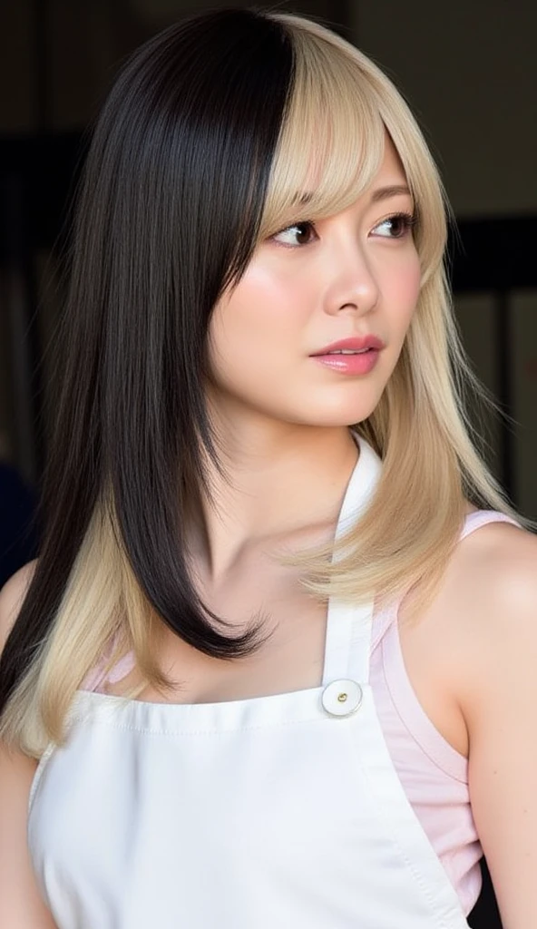    his hairstyle is straight 、long bob hair、 Black Haired and Blonde 、white apron、 shiny hair、Different hair colors on the left and right、Ponytail your hair left and right