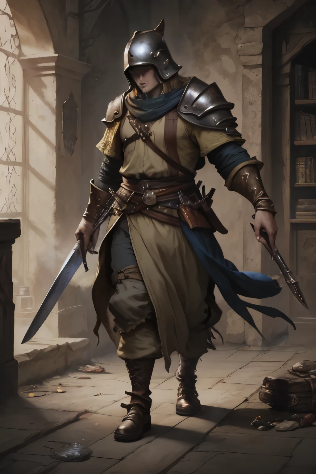 the whole body is shown, viewer, rpg, Jrpg,  Assassin, Right Hand Sword ,full face helmet,  Assassin, soldier, Design, 強いsoldier, big man, Savage Man , Vulgar man,  simple helmet, dynamic