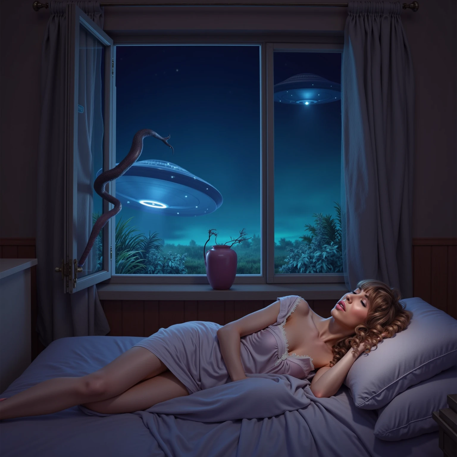 Mila Kunis (age 25, sheer night gown) in a trance in her bedroom looking out her window, UFO outside window extends giant eldritch slimy tentacles to Mila
