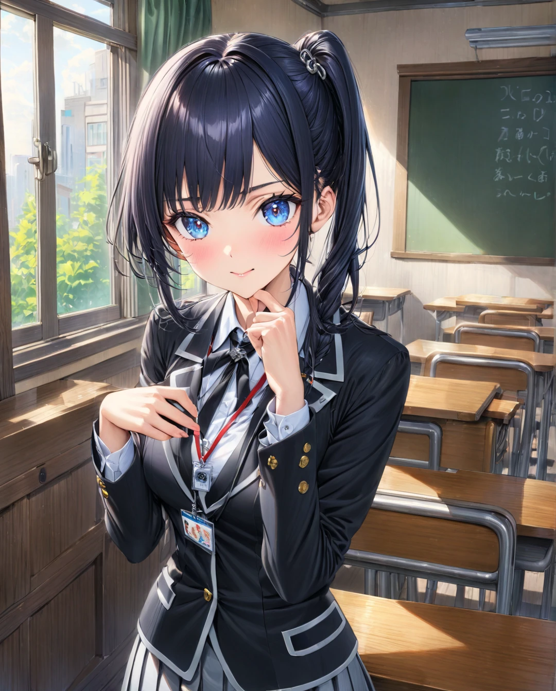 (top-quality、in 8K、32K、masterpiece、nffsw、超A high resolution、Impresionismo、Photorealsitic:1.2)、Colossal tits、cowboy shot, detailed faces and eyes、 Inside the classroom、Schools、Evening glow、beauitful face、blurry backround、-yeld beiful girl、shinny skin、short-hair、Beautiful blue hair、Blunt bangs、Black eyes、(Katyusha:1.2)、Open black blazer、White blouse、Red checked tie、Grey check pleated miniskirt、Curve、Stand on one knee、(I can see panties:1.2)、Smile with open mouth、Opening legs