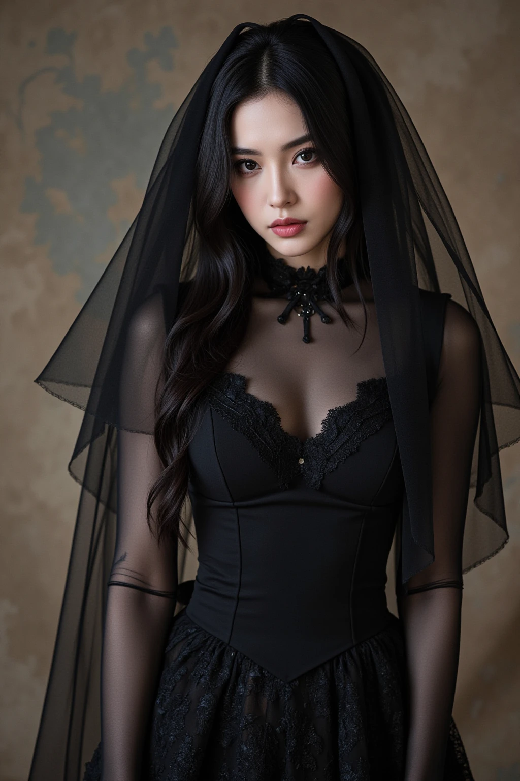 (highest quality, high resolution, masterpiece: 1.3), produces works of women that combine a dark and mad world with a focus on black with intense fantasy elements in high quality. She has a creepy and attractive figure, and the black fashion style that wraps around her whole body highlights her personality. The background is a fantastic fantasy world, with eerie magical lights dancing and strange creatures and magical plants. Her figure is mysterious, with a brilliant blend of dark vibes and fantasy essence. The effects of light and shadow are skillfully presented, and the details of the black costume and her face and expression are meticulously drawn. The fantasy element intensifies even more, and a magical light envelops her. The overall atmosphere is mysterious and enchanting, yet it has its own artistic touch. The black and dark tones of this work stand out, which will evoke visual stimulation and aesthetic sensation, giving the viewer interest and mysterious charm. We create high-quality works that weave fantasy elements into a dark and mad worldview. Her eerie and charming figure and fantastic background will make a deep impression on the viewer as a unique work of art.