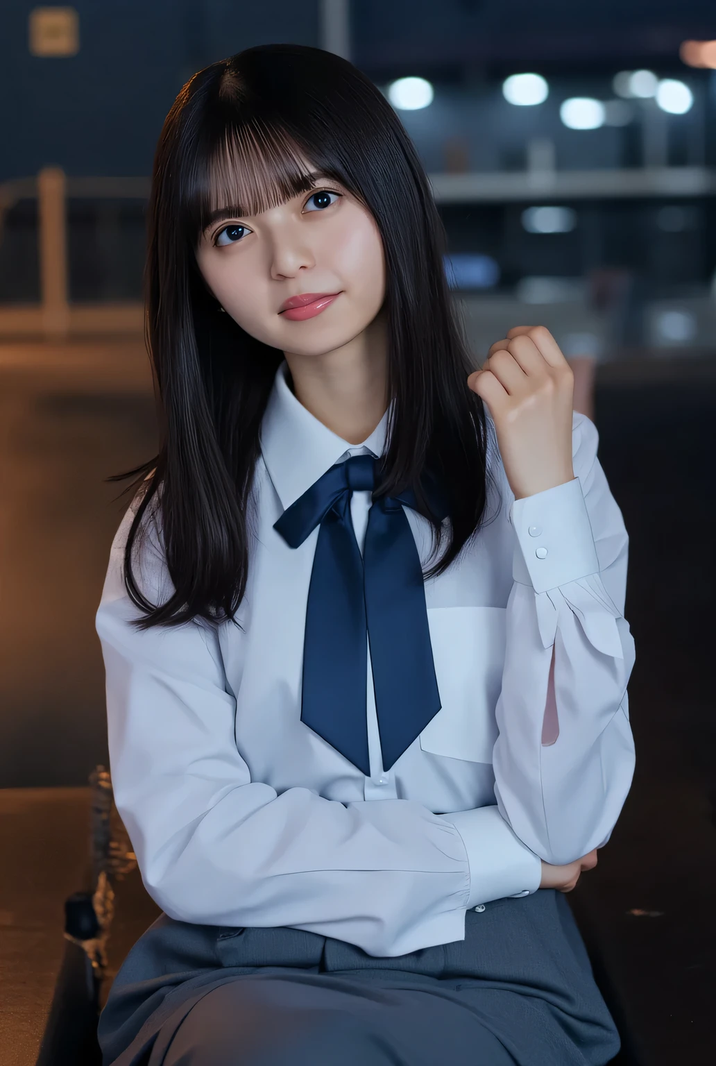 ((( High Resolution , top quality, very well detailed, masterpiece , highly detailed photos , realistic , Real people々 , Ultra precise skin ))) , , ( from the front ) , full body , Advance Shot , Viewer , ( giggle face ) , { sitting on the chair in office room in midnight : 1.8 } , black hair , medium hair , medium breasts , focus on the face and chest , (( wearing the suit like office lady , and the shirt open front button : 1.8)) , { nsfw } , evening
