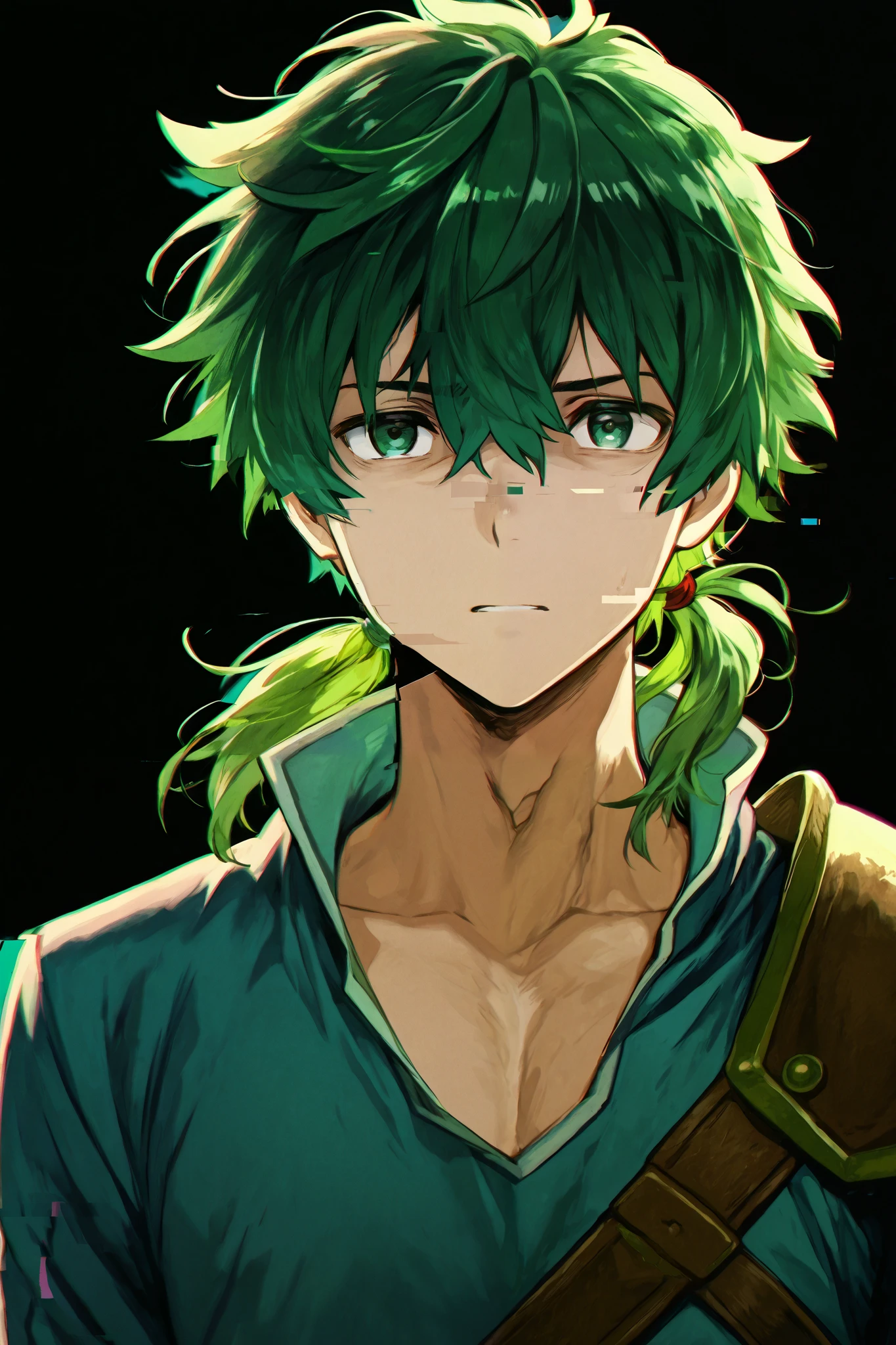 Anime book cover, boy with a glitch on his face covering his face glitch, black background, fair skin, short green hair tied behind, adventurer's outfit