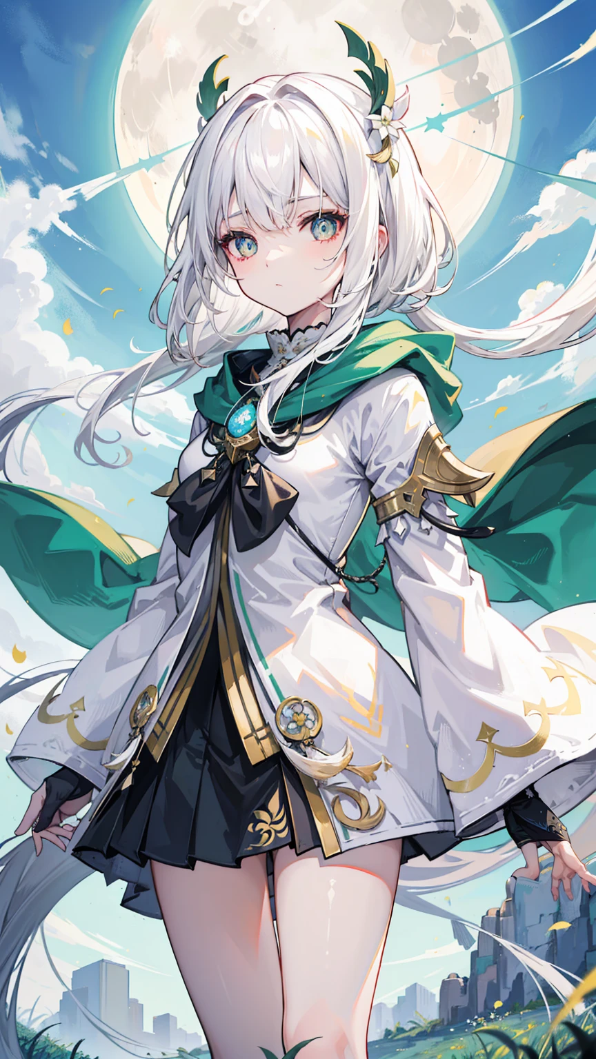 Nahida_Genshin,(White hair),cross-shaped pupils,default_dress,Green cape,