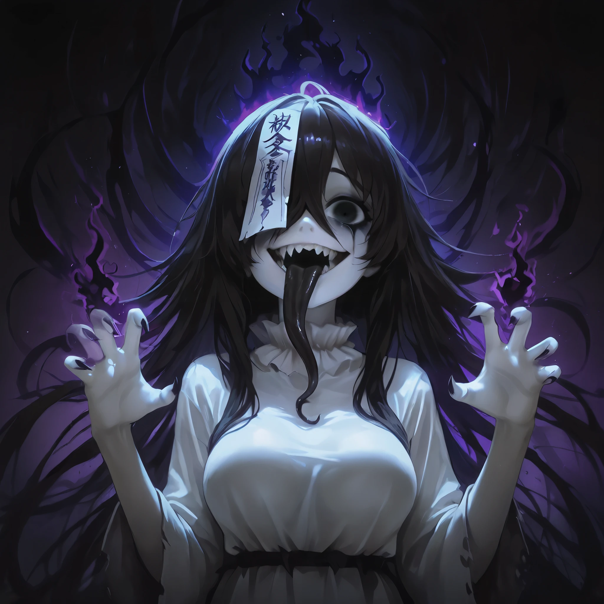 (ultra detailed), (masterpiece), (best quality), (depth of field), (sharp focus), (cinematic lighting), (vibrant white), 1, crazy smile, fangs, tongue out, deep eyes, japanese style, long black tongue, (long tongue), cursed image, yokai girl, pale hands, (pale skinned), dark pupils, blank eyes, void black eyes, ruined dark makeup, black tears,  dark gothic makeup, ghost girl, psychotic, psycho, a dark-lit japanese ghost girl, transparent white clothing, sexy white ghost clothing, transparent clothing, pale lips, sadako, transparent clothing, (pale skin), dark black fire, large breasts, casting dark black flames, sexy girl, with dark eyes, deep-set eyes, dark fire trail on eyes, dark messy hair and lots of dark energy, sadako ghost, psycho face, widely open eyes, dark liquid, (black flames in the background)), sharp teeth, (sexy pose), ((ofuda paper talisman seals floating with the wind)), ofuda paper talisman seals on her body, sharp nails, very long nails, (((black gradient background:1.4))), ((dark floating glowing chains  around)), iridescent floating chains, (side intense pose), dramatic pose, energy, energetic, Phonk, Brazilian Phonk, Simple Design, Simplified --s 100 --niji 5 --ar 1:1, phonk, 1girl, dark background, silhouette, glowing eyes, aura, haunted glow, floating hair, glowing eyes, looking at viewer, {{crazy smile, sadistic smile, closed teeth}}, {{glowing eyes, glowing particles, glow}}, traditional media, realistic