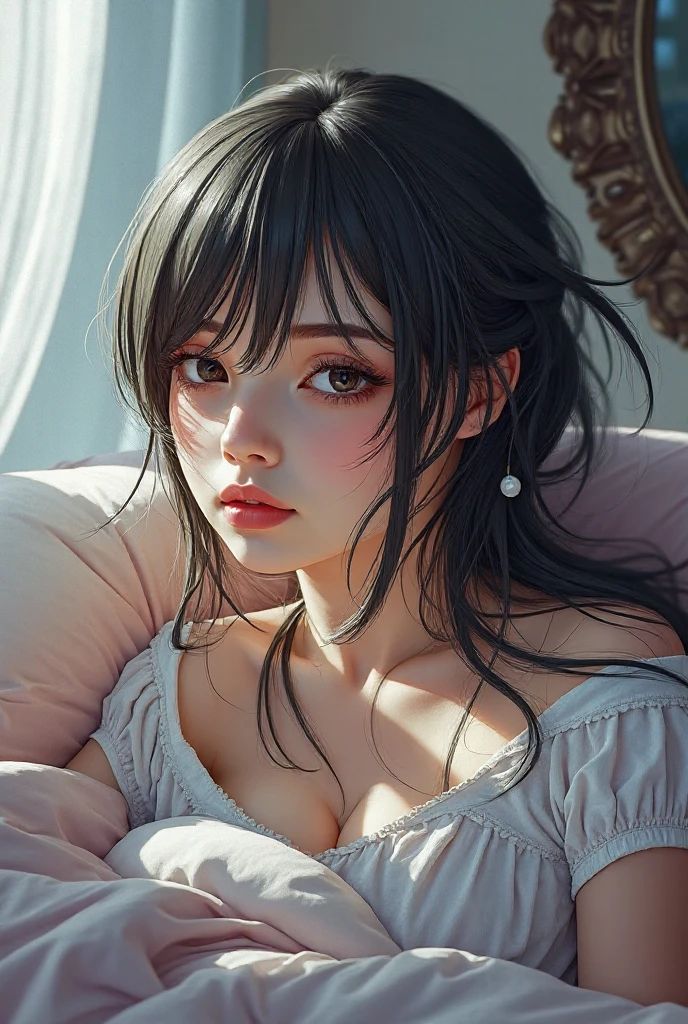 girl,long hair,black hair,bangs,ponytail,swollen lips,painted lips, thick lips,reveal cleavage, erotic, ,huge breasts,older sister,sweater,28 years old,shiny skin, lying on bed, head on pillow, facing up