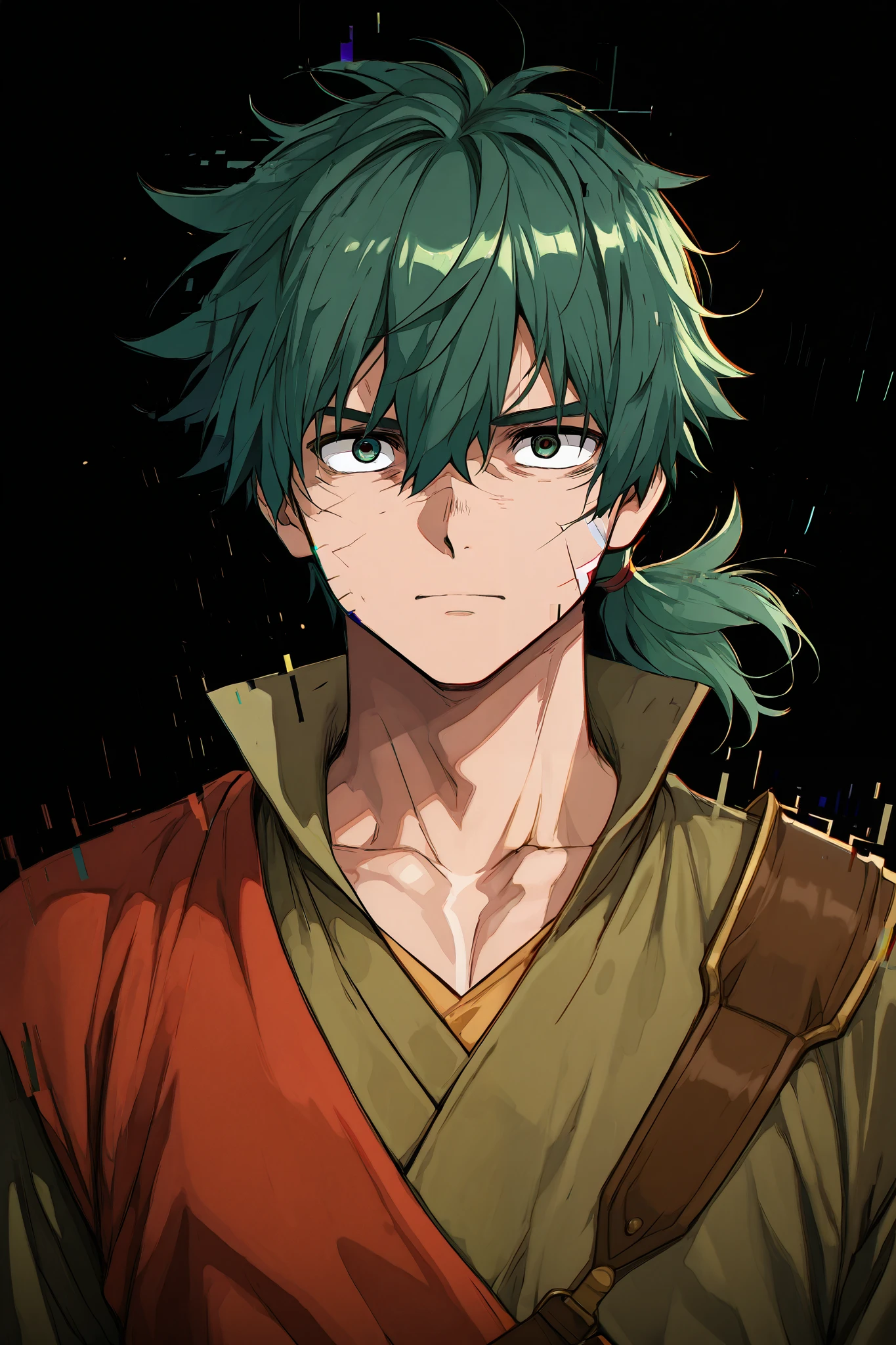 Anime panel , Boy with Glitch on His Face Glitch,  black background, fair skin, short green hair tied behind,  adventurer's outfit 