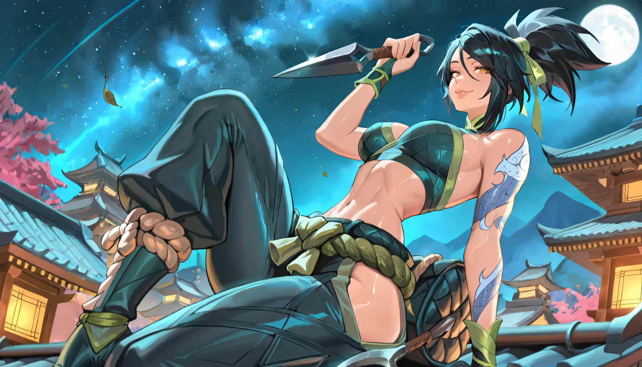 masterpiece, best quality, newest, looking at the viewer, tiro de cowboy, long hair, , shiny eyes, , big breasts, lips, relaxing, Japanese city background, , starry blue sky, night, Cherry trees, moonlight,
, Akali, black hair, short ponytail , large Chest, belly button, cleeveage, thin, thin waist, smile, (thick thighs), yellow eyes, black hair, pants, green ribbon, hair ribbon, long hair, arm tattoo, tattoo, medium breasts, bare shoulders , green short top, leaf in hand , navel, rope belt, cylinder bag , hip opening , pants verdes, green boots, Kunai, sickle, holding a gun,. on top of a crouched roof