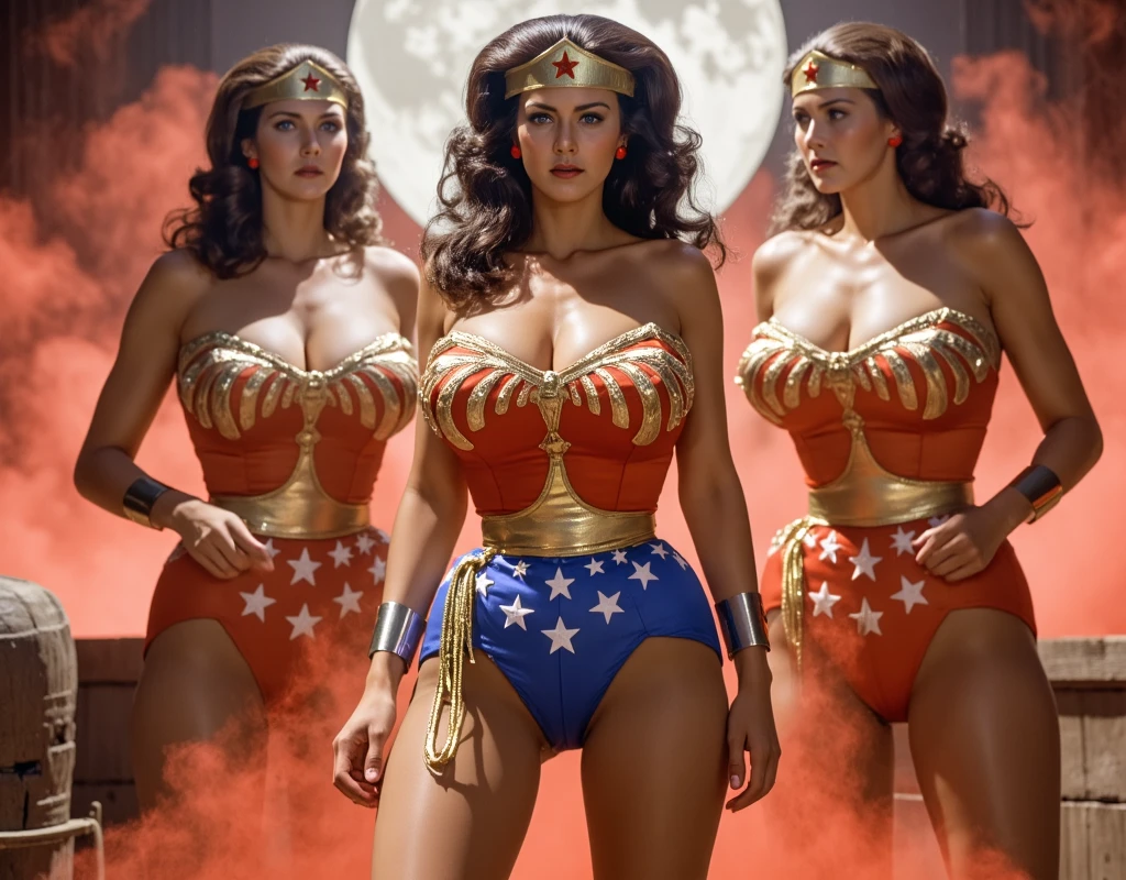 nsfw
3superheroines
3 beautiful sexy cosplay models wearing barely-there bondage-harness micro-cameltoe-bikini-costumes and heels standing side by side, full body view
wonder woman
supergirl
powergirl
supergirl should be the youngest, barely 18 insecure shy introverted wearing intense revealing red micropanties
wonder woman should be voluptuous and extroverted
powergirl should be full breasted and look like margot robbie
cameltoe, pussy-thong, pussy-wedgie, shaved smooth pussy
hair blowing in the wind, ultra-pornstar make up
in desolate collapsed building concrete debris and rubble, dynamic pose ready for battle, huge explosions and fire in the background, low-angle shot, wide-angle shot, handheld shot, dramatic angle, extreme angle shot