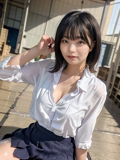 ((Best of the highest quality, 8k, Masterpiece, raw photo: 1.2)), (Sharp focus: 1.2), (1 AESPA, slim body type female, 21 y/o: 1.1), (Solo: 1.28), (realistic, photo-realistic:1.37), face focus, cute face, finely eyes, (droopy eyes: 1.32), (Emphasize prominent aegyo-sal with bright: 1.2), shimmering eyeshadow applied under the lower lash line, paired with thick, (small breasts, flat chest, Thigh: 1.3), (short messy hair, bangs: 1.28), (wearing button down business shirt, panties: 1.32), walking rice field, paddy field, flower, (from below: 1.12)