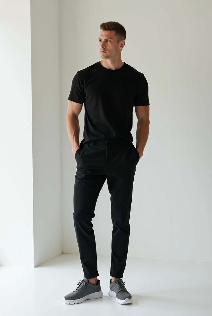A male model photoshoot wearing black T shirt with Black trousers Tracksuit and gray sneakers. 