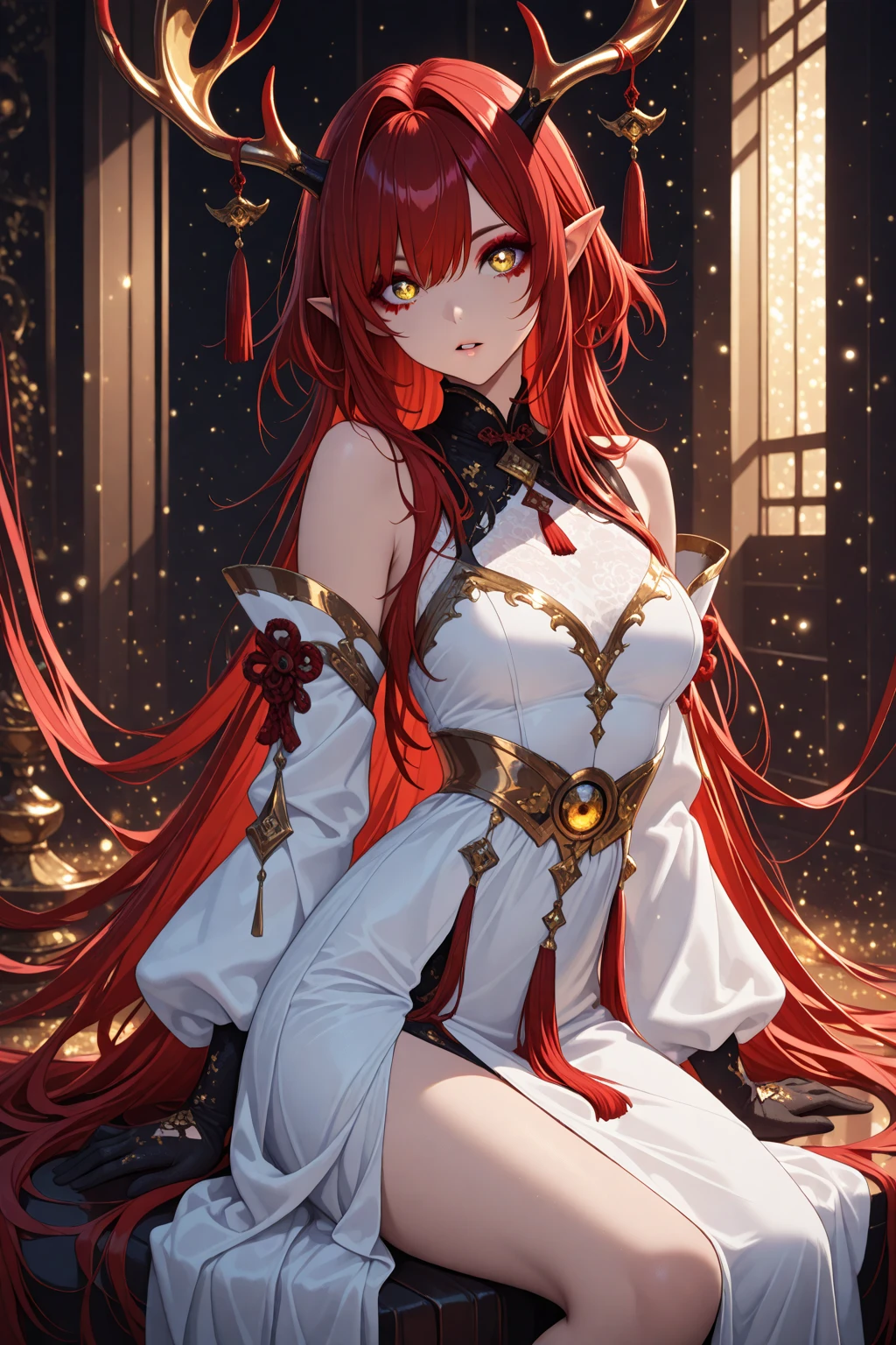 An anime girl with long hair and a white and red sleeve dress is walking, Gweitz, Kschaert Krentz Key Art Feminine, Beautiful full body concept art, Official character art, Anime Goddess, artwork in the style of Gweitz, Keqing of Genshin Impact, Magnificent and elaborate character art, Wallop and Krentz Kuschaert, Amazing character art, Beautiful female priest,The stomach and navel are visible,sexy
