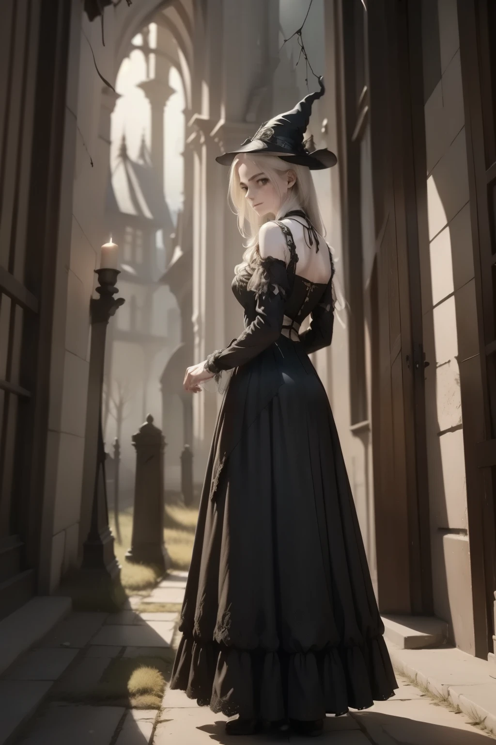 young sorceress, best quality,4k,8k,highres,masterpiece:1.2,ultra-detailed,realistic,photorealistic:1.37,(dark,dreary),victorian horror,fantasy,haunting,gothic,vintage,nightmarish atmosphere,exquisite details,ominous shadows,mysterious figures,elaborate costumes,ornate architecture,ethereal spirits,creepy ambiance,misty moonlight,haunted mansion,flickering candles,cobwebs,dripping blood,stained glass windows,ghostly apparitions,eerie echoes,macabre creatures,unsettling silence,mirror reflections,mystical symbols,secret passageways,supernatural elements,forbidding forest,strange surreal landscapes,enchanted forest,whispering winds,witches,spells,witchcraft,cursed artifacts,ancient tomes,spectral vision,horror lurking in every corner,victorian nightmare