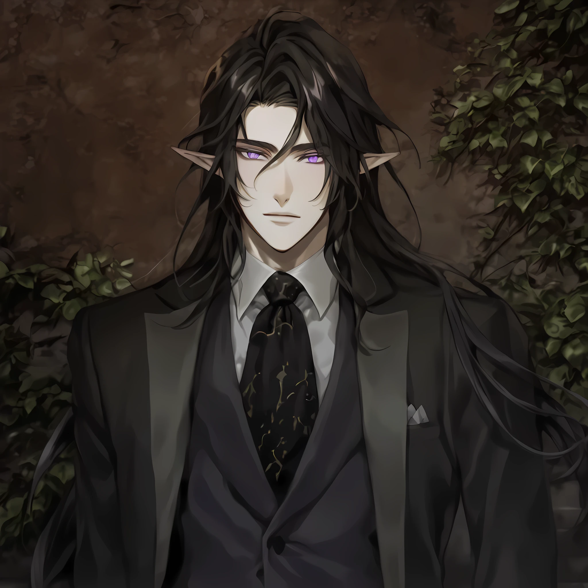 Handsome male elf with long hair, black hair, purple eyes, and suit with tie.