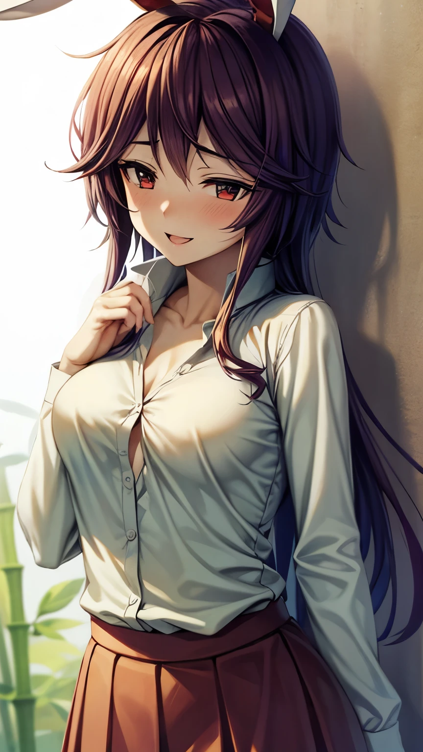 (Ultra High Quality,super high resolution,16k,Super Masterpiece,Ultra HD ,detailed shading and background,)Photographing the upper body,One sexy girl, long purple hair,Rabbit Ears, Sexy White Shirts,Chest Valley,pink miniskirt with long bangs,pussy sticking out,smile,blush,Open your lips a little,Bamboo Grove of the Rising Sun, forward bending,