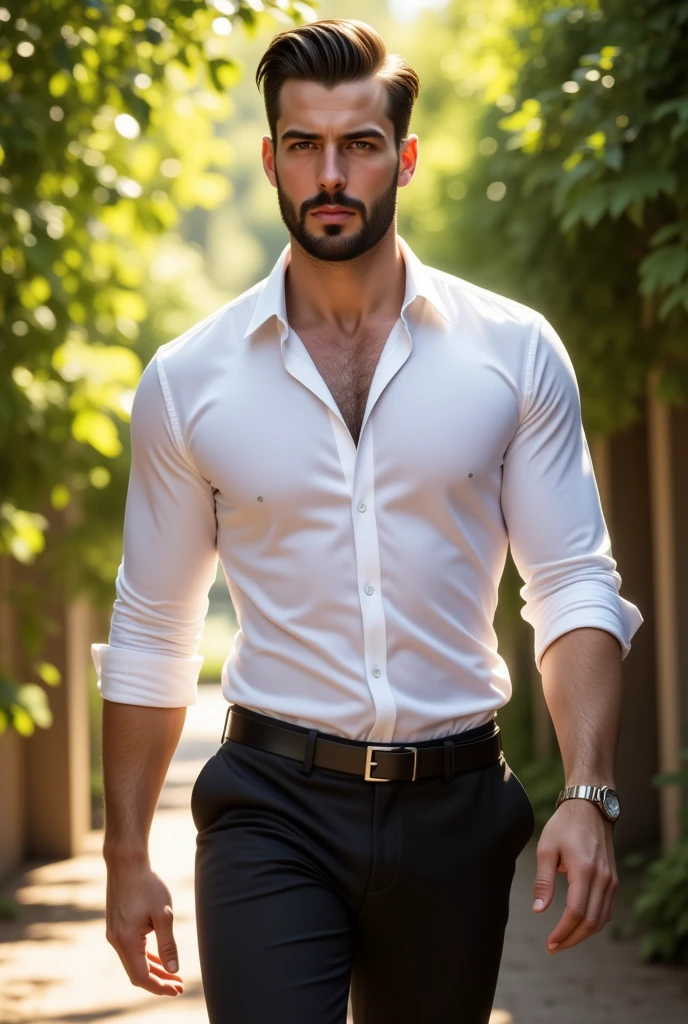 the most beautiful handsome brunette man with a tidy beard walking, dressed elegantly, white shirt, black pants