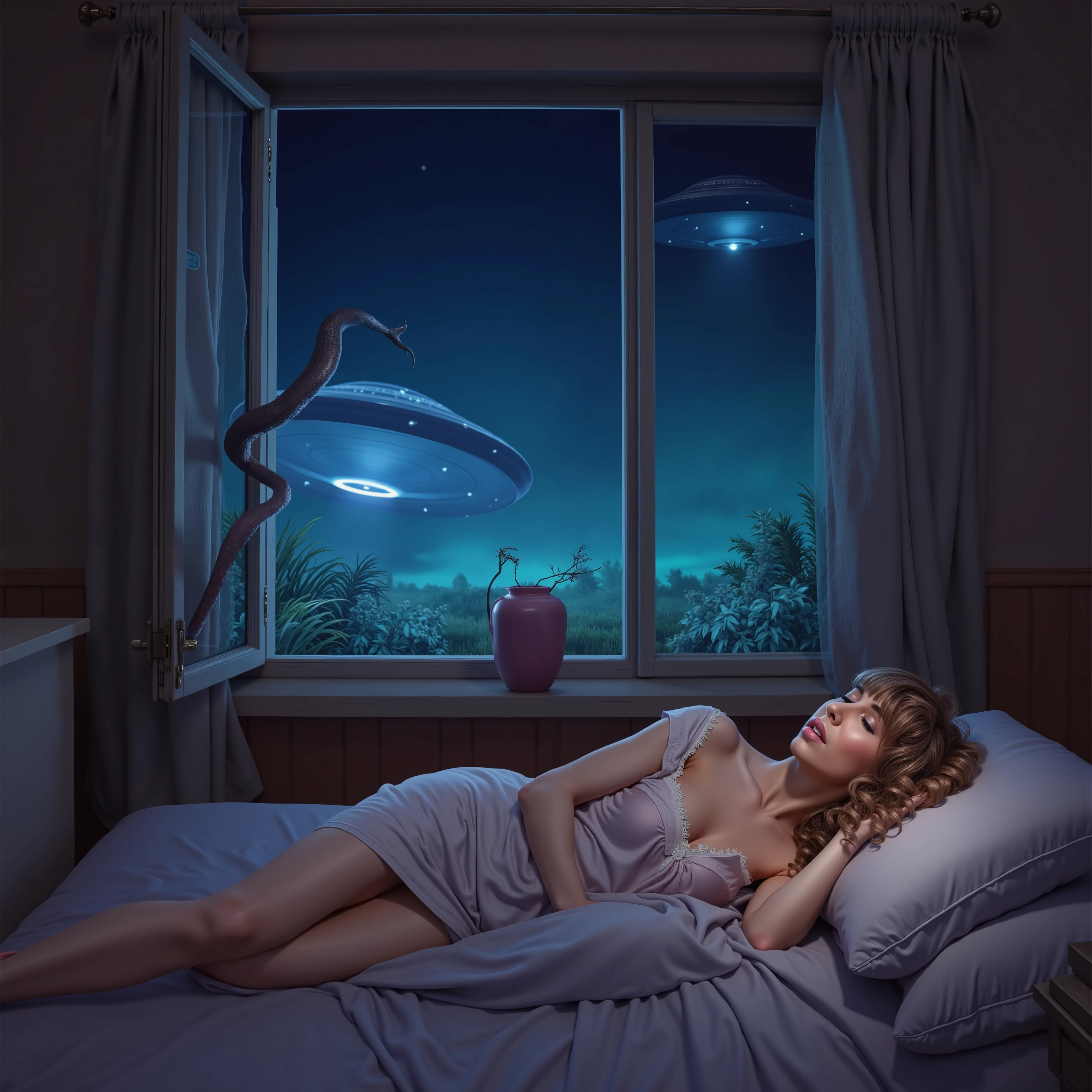 Gorgeous woman asleep in bed in slutty loose pajamas, a ufo is outside her window, a deadly man eating tentacle beast is sliming its way into her open window