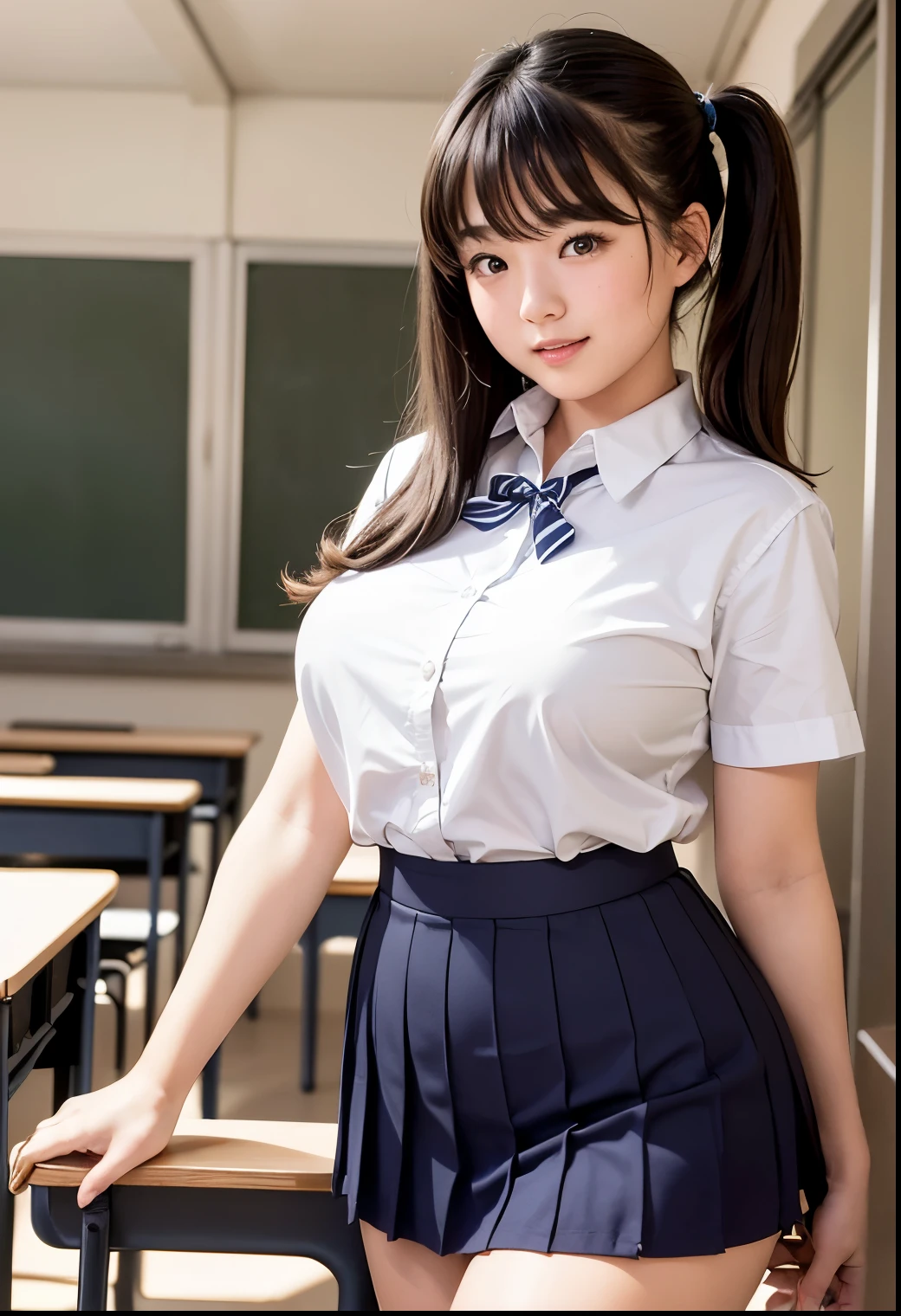 Beautiful woman Japanese Cute face Breast enlargement Large Breasts High School Uniform(Navy blue blouse、Red ribbon、Navy blue pleated skirt) In the classroom