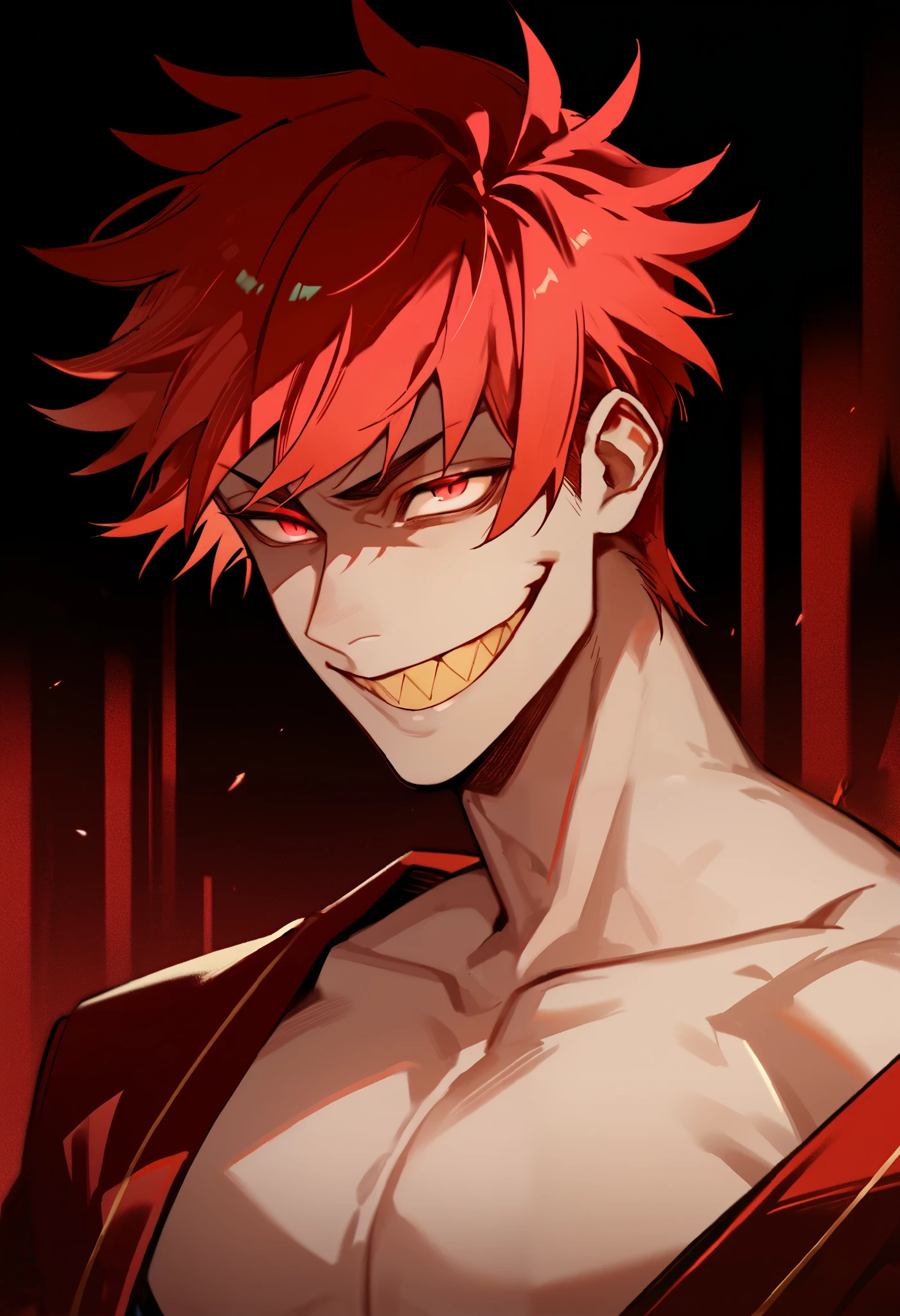 1boy, solo, muscular male, pectorals, looking at viewer, red eyes, evil smile, grin, short hair, red hair, bangs, modern clotches