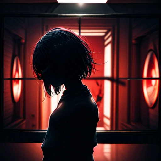 I want a large cinema screen where there's a person on the screen and in front of the screen: a masterpiece. A woman with red eyes stands in front of a window. Her beautiful eyes are visible on a large monitor screen in the background. A girl is in the center, her silhouette standing out. The red lighting highlights her red eyes and the blood. The room is detailed and dimly lit, with light coming from screens and monitor panels. The panels depict girls, and on these panels, many eyes are visible.
