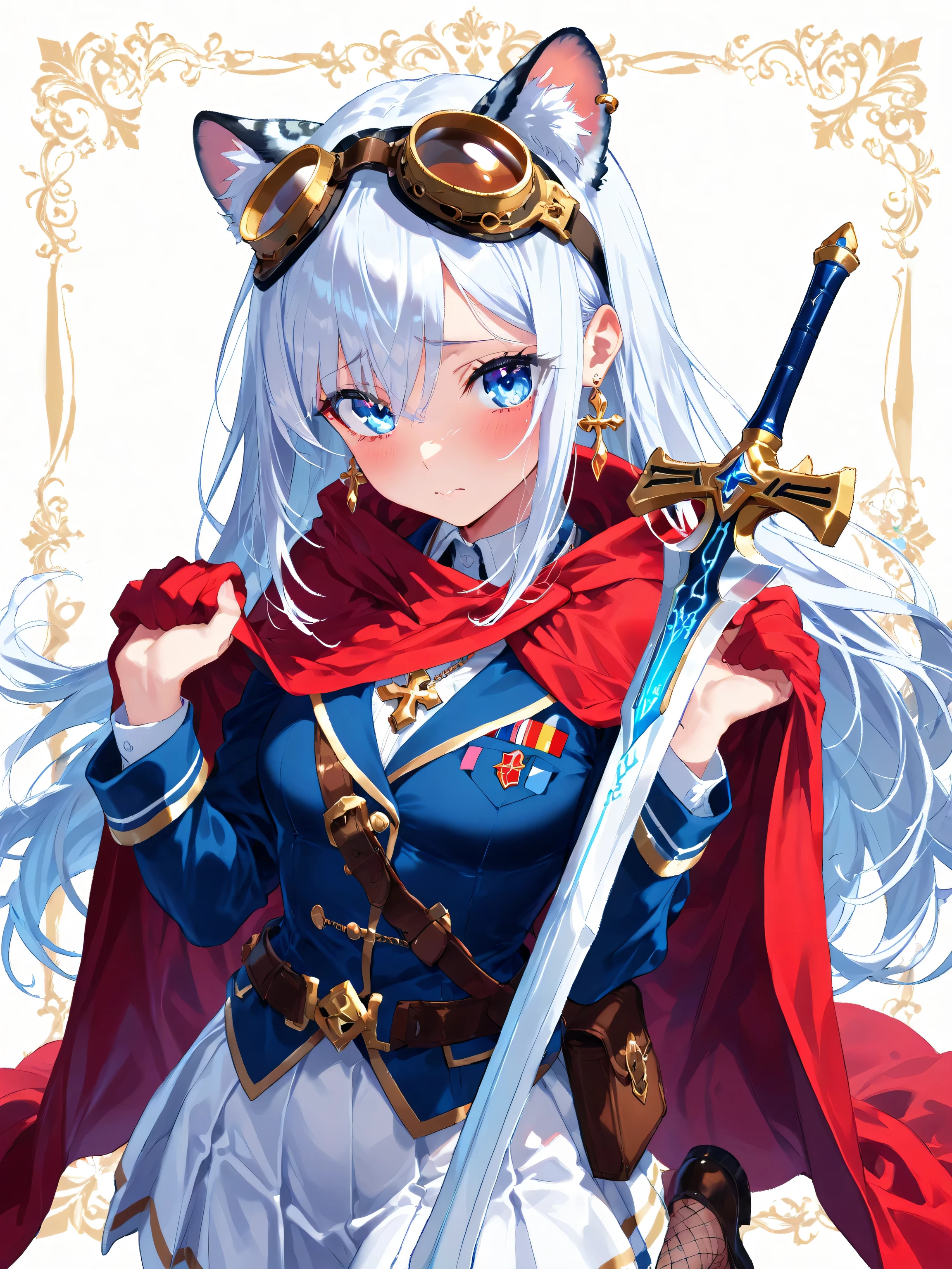 Anime illustration, casual yet stylish pose, intricate line work and cross-hatching details, hand-drawn aesthetic, is a long, beautiful, white, silver-haired girl [Cat ears on head 、(main character、There are gold goggles above their heads:1) 、goggles、 blue eyes, Sad and lonely、blue military uniform and red cloak、white skirt and fishnet tights, loafers, gal motif slim gold necklace, earrings, leopard]、all cat eared women put gold goggles on their heads、all women wear goggles on their heads. (A beautiful decoration that expresses a three-dimensional effect and luster with light effects)、(Top Quality,4K,8k,High Resolution, masterpiece),超High Resolution, is particular about the details without hiding the body , Hold the Sword of the Brave、They are fighting by brandishing a sword、Defeating Monsters on the Prairie