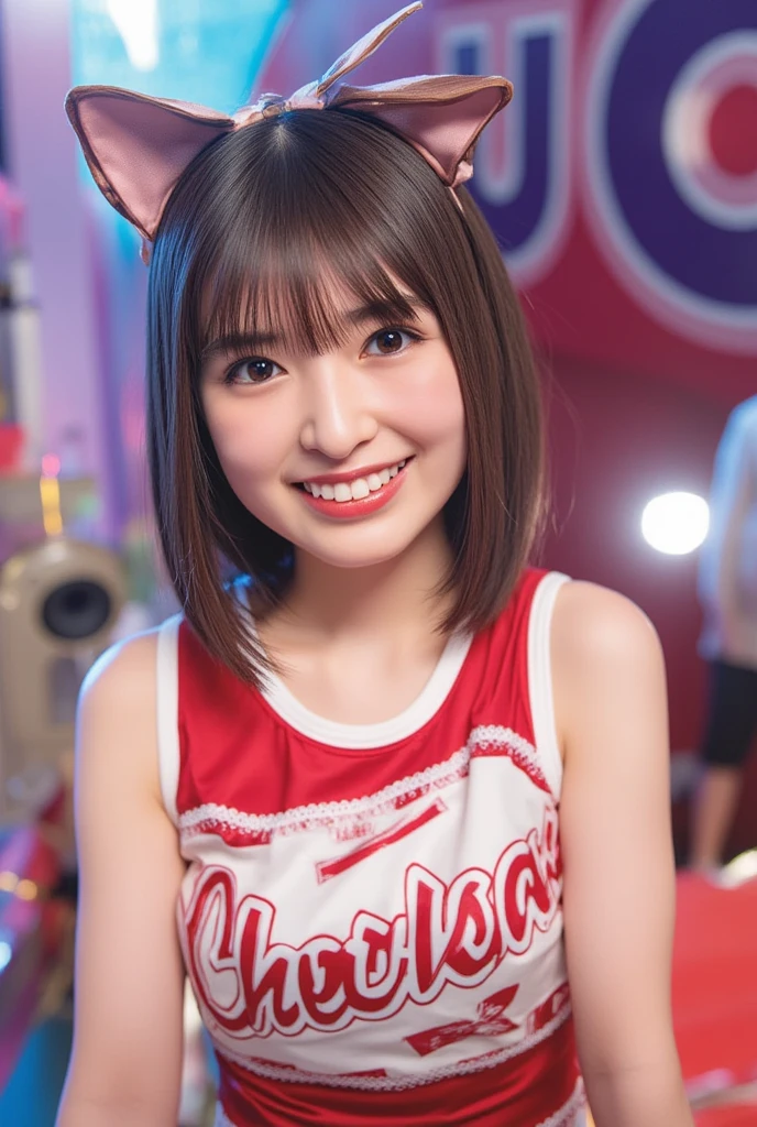 Japanese female, (underweight), (flat chest best quality:1.5), (cheerful grin:1.5),
synth wave style girl, close-up, sideboob, sitting,