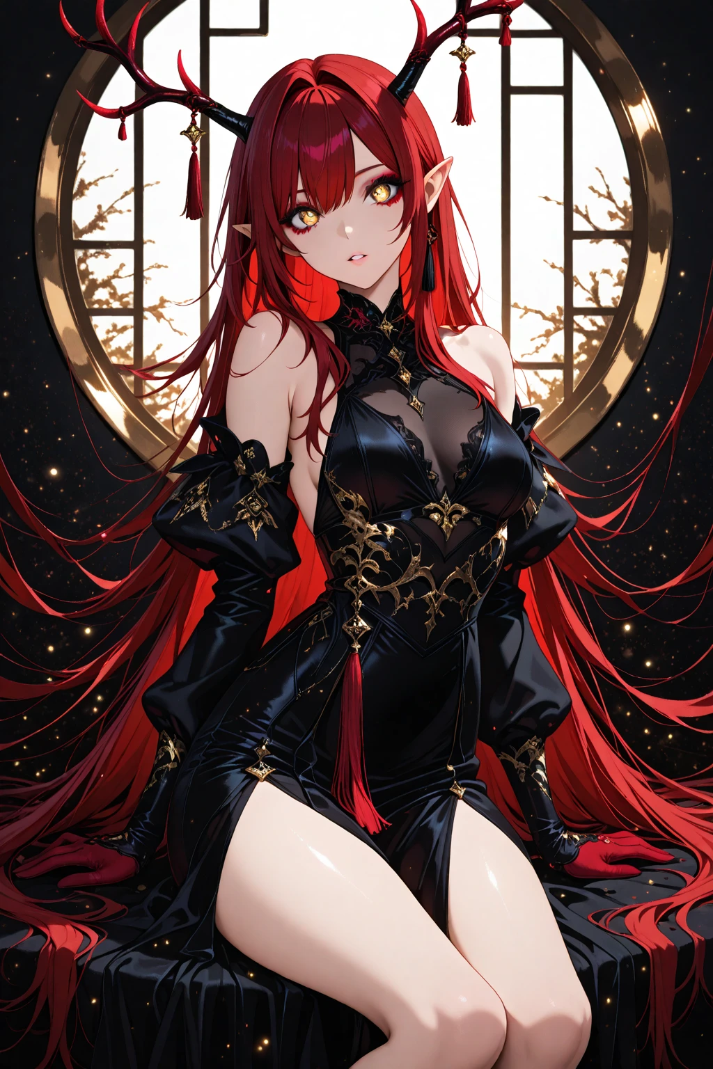 Best quality, highRES, absurdity, high_Permission, masterpiece, super detail, hyperdetailing, difficult_details, преRed eyes, DARTO EYELASHES, Eyeliner, soft glowing eyes, TO, 1 girl, One, long hair, I look at the viewer, smile, open mouth, bang, Red eyes, thigh high, gloves, long sleeves, Jewelry, sitting, Red hair, multicoloRed hair, horns, teeth, black gloves, puffy sleeves, black thigh high, in room, blunt bang, NECKLACE, luminous, fangs, demon girl, crossed legs, cross, demon horns, luminous eyes, a nun, habit, cross NECKLACE, stained glass window, Church, inexpressive