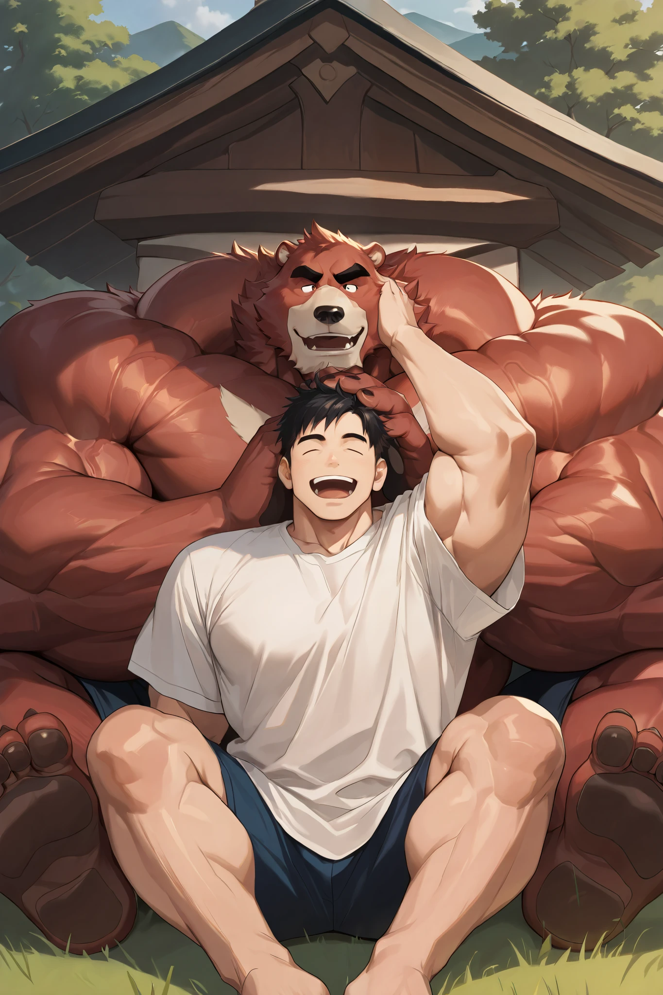 duo, 2boys, muscular, kumatetsu glasses, red bear, very huge pectoral, shorts, tshirt, sitting with a guy (male human), village, detailed face, hand on head, happy, open mouth, detailed eyes, wide shoulder, thick arms, wide pectoral, muscle, short hair:1.2, detailed eyes, focus eyes, shirtless, masterpiece, semirealistic:1.2, high detailed, 8k, high resolution